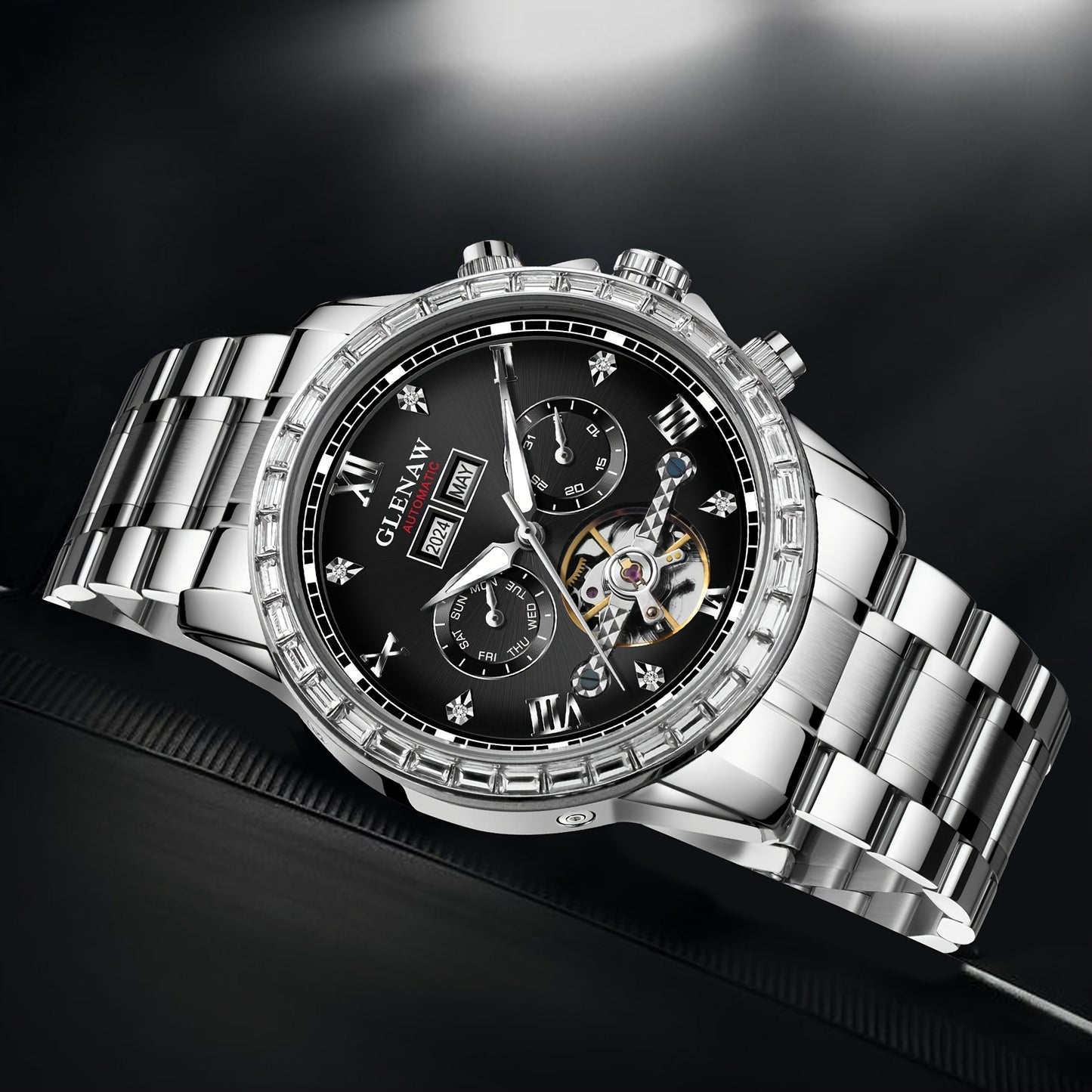 Men'S Automatic Mechanical Watch - Stainless Steel Band, Date Display, Perpetual Calendar, Rose Golden Hands, Zinc Alloy Case, Elegant Design for Everyday & Formal Wear, Formal Timepiece, Luxury Timepiece, Sophisticate