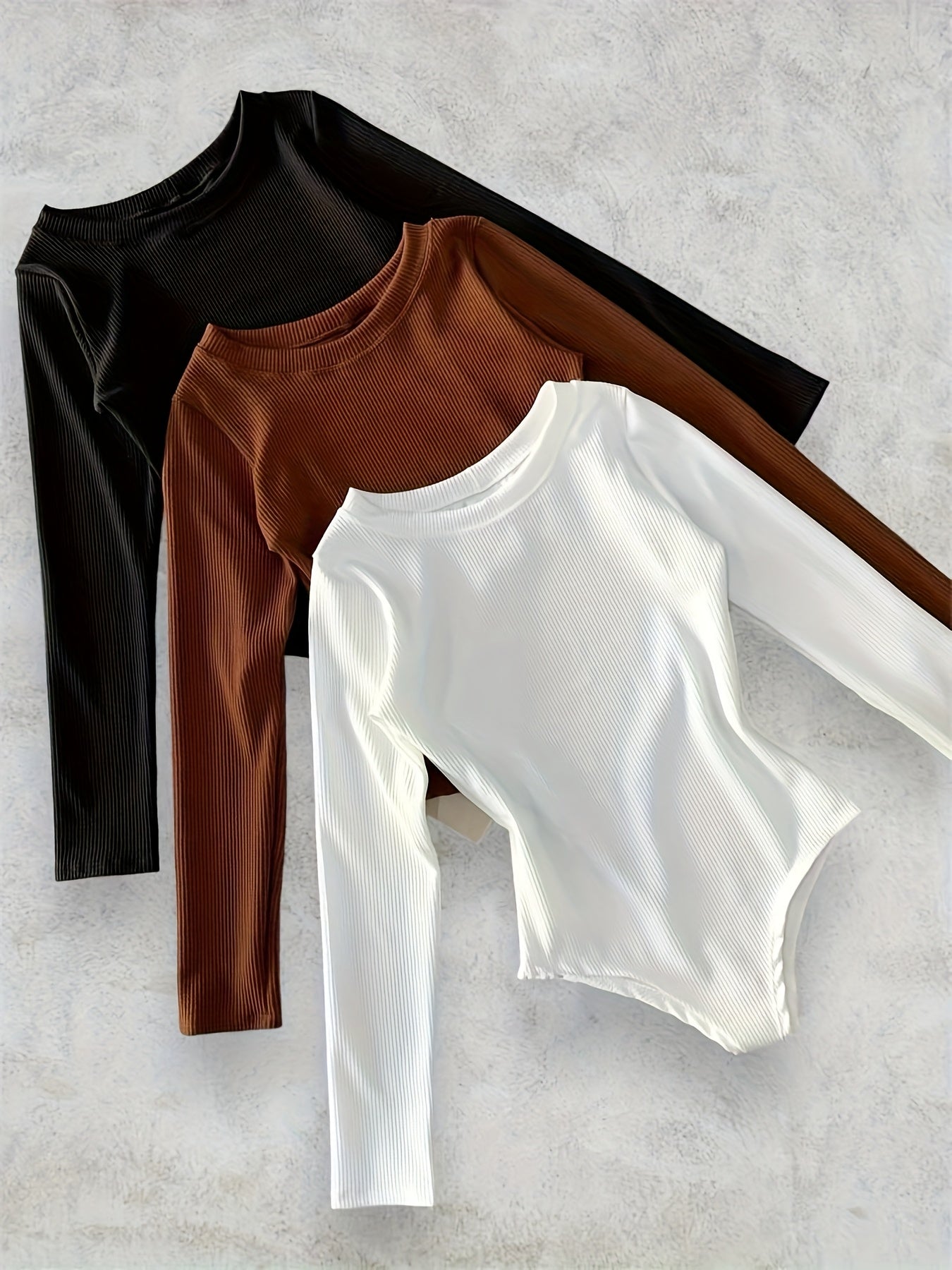 Lot de 3 Hauts Femme Ajustés à Manches Longues - Col Rond Élégant, Couleur Unie, Essentiels Polyvalents pour Toutes Saisons, Bureau, Soirée ou Tenue Décontractée