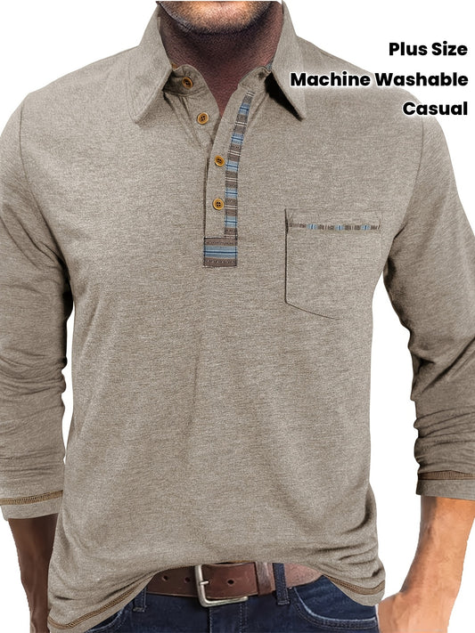 Plus Size Men's Retro Casual Shirt - Long Sleeve Button-Up with Color Block Detailing, Machine Washable Spring/Fall Top for Casual Attire, PLUS SIZE