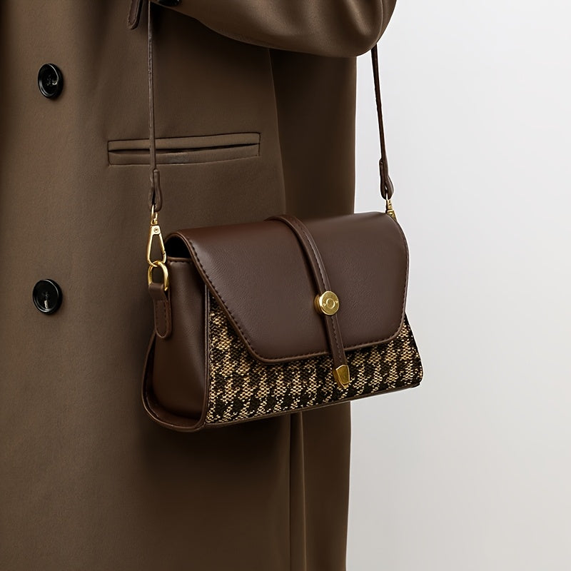 Sac bandoulière élégant – marron foncé uni avec patchwork pied-de-poule, fermeture zippée, doublure polyester, détails de peinture sur les bords, polyvalent pour toutes occasions