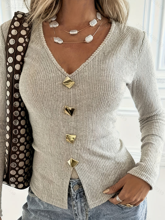 T-shirt élégant à col V avec boutons dorés, manches longues, couleur unie