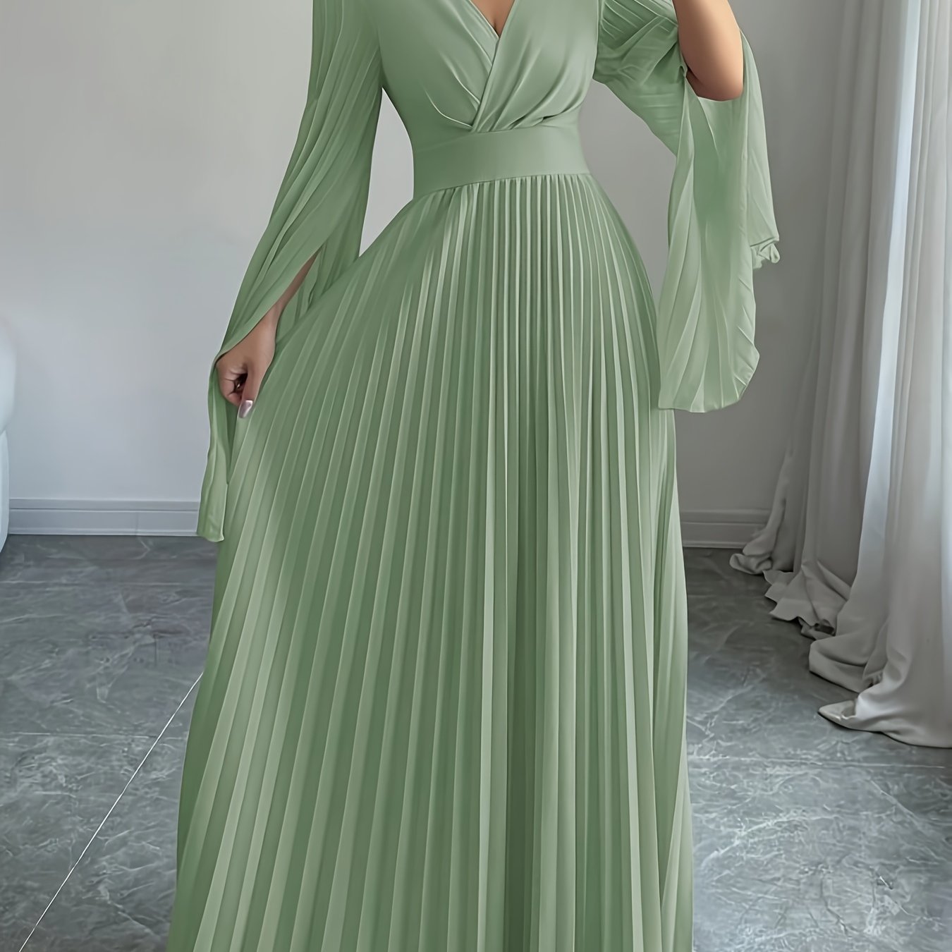 Women's Elegant V-Neck Pleated Open Sleeve Maxi Dress - Fitted Solid Color Machine Washable Spring/Summer Casual & Formal Outfit, Spring Fashion, Quality Craftsmanship