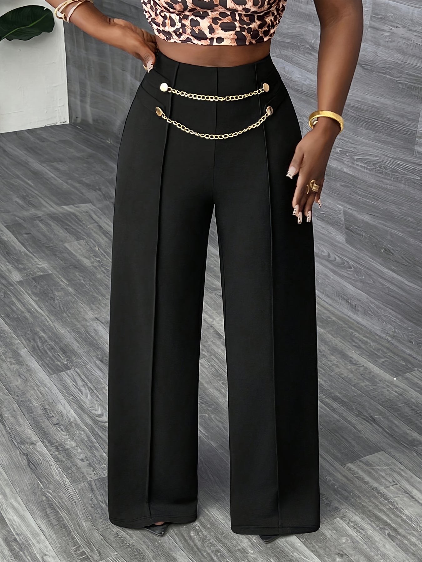 Pantalon Femme Élégant Jambe Droite – Noir, Taille Haute avec Chaîne Dorée et Fermeture Zippée, Grande Taille, Bureau et Décontracté