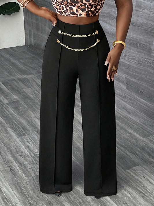 Pantalon Femme Élégant Jambe Droite – Noir, Taille Haute avec Chaîne Dorée et Fermeture Zippée, Grande Taille, Bureau et Décontracté