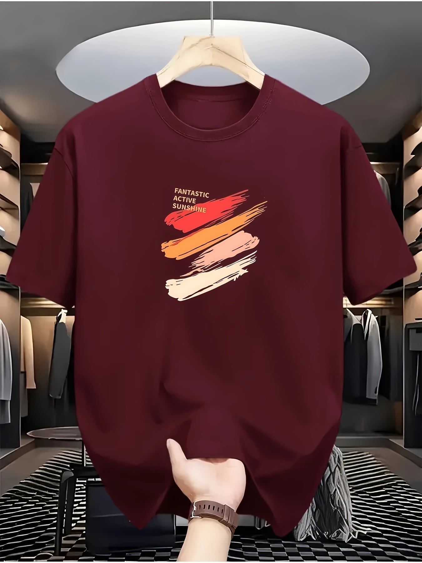 Men's Black T-Shirt - Soft Breathable Crew Neck Tee with Red/Beige/Orange Accent Stripe, Everyday Casual Shirt for Gym, Outings, Parties - All-Season Comfort Fit, Weekend Attire, Sporty Design, Comfortable Material, Short Sle