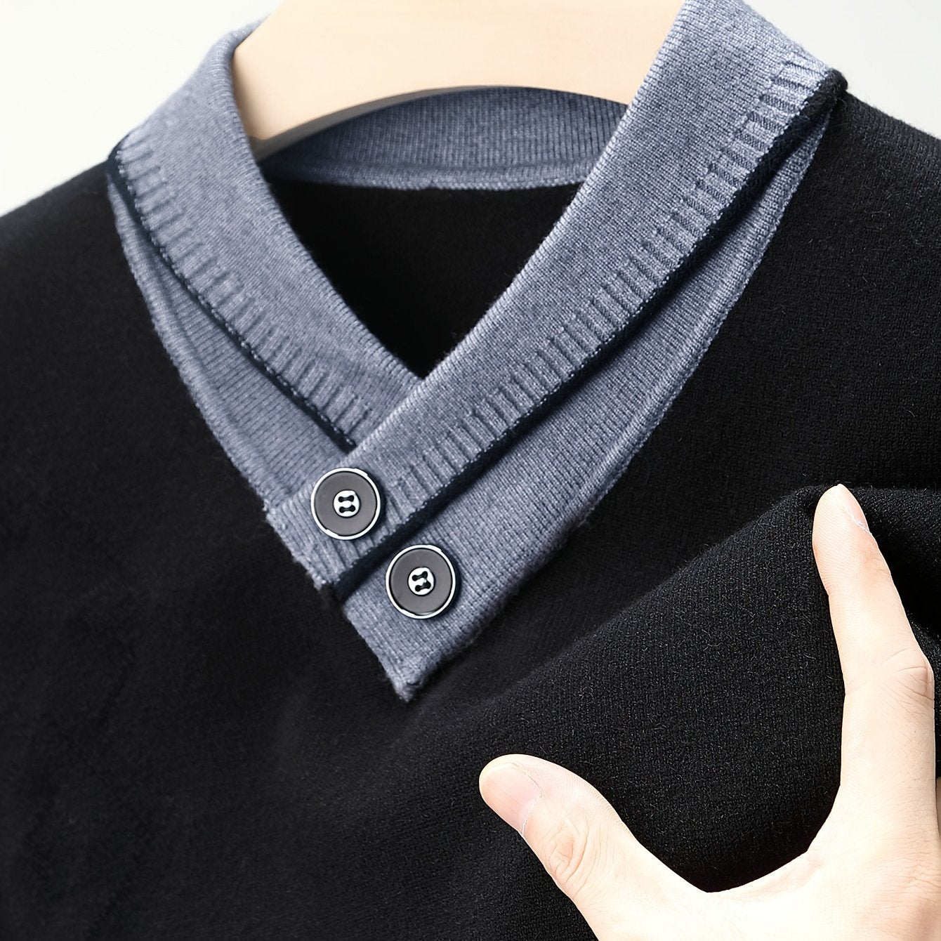 1pc Men'S Winter V-Neck Sweater with Dual Button Detail - Color Block Knit Pullover, Viscose Fabric, Long Sleeve, Regular Fit, Casual Style for Fall/Winter - Soft, Warm, Skin-Friendly Inner Layer, Thick