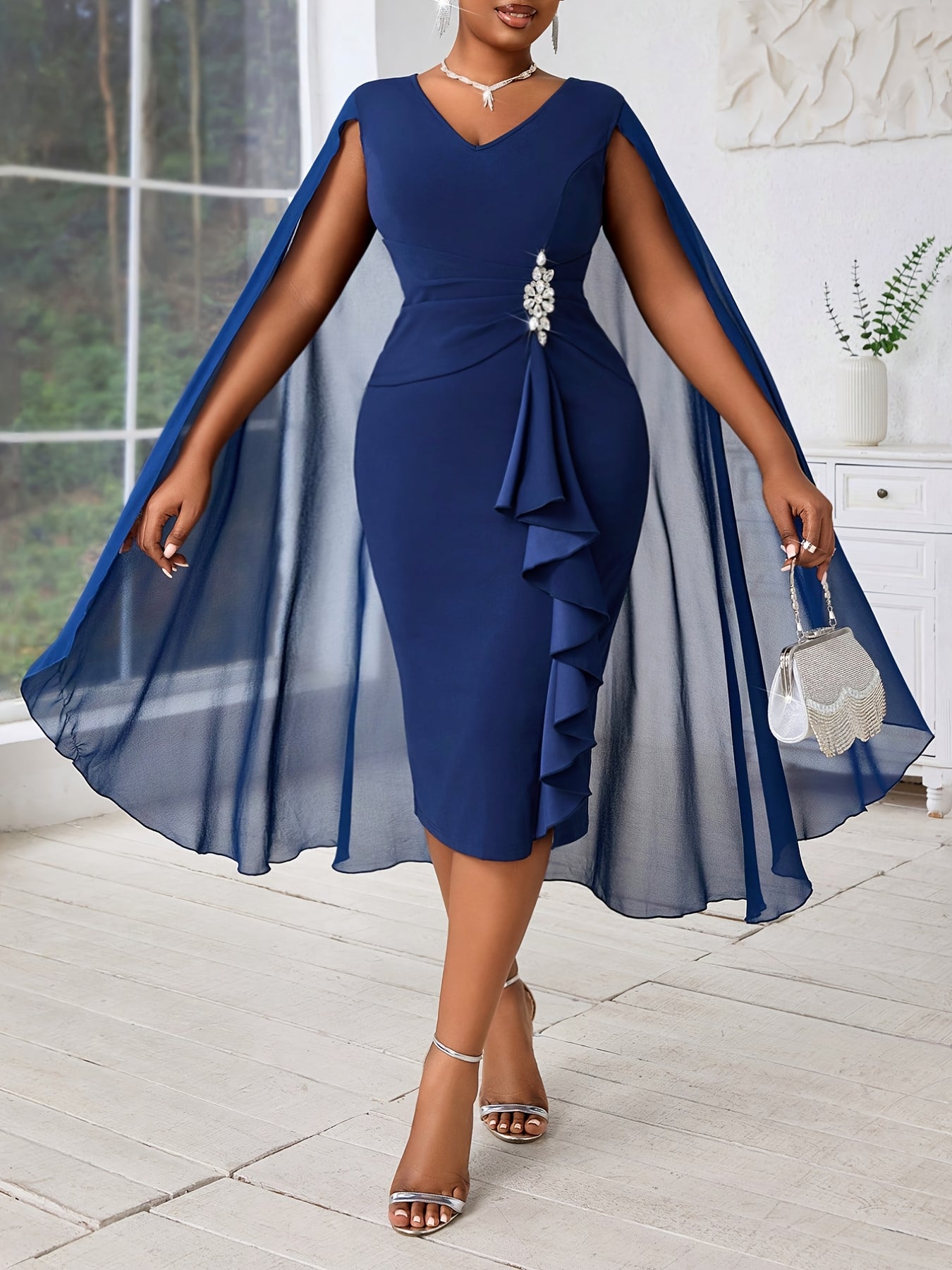 Robe Grande Taille Élégante – Manches Chauve-Souris, Détails en Mesh, Style Cache-Cœur, Mode et Confort