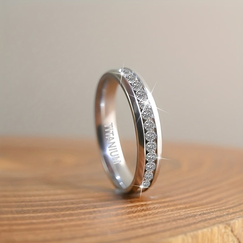 1pc 4mm Wide Round Arc Cubic Synthetic Zirconia Ring, Never Fade Titanium Steel Material Women's Trendy Wedding Engagement Jewelry Gift