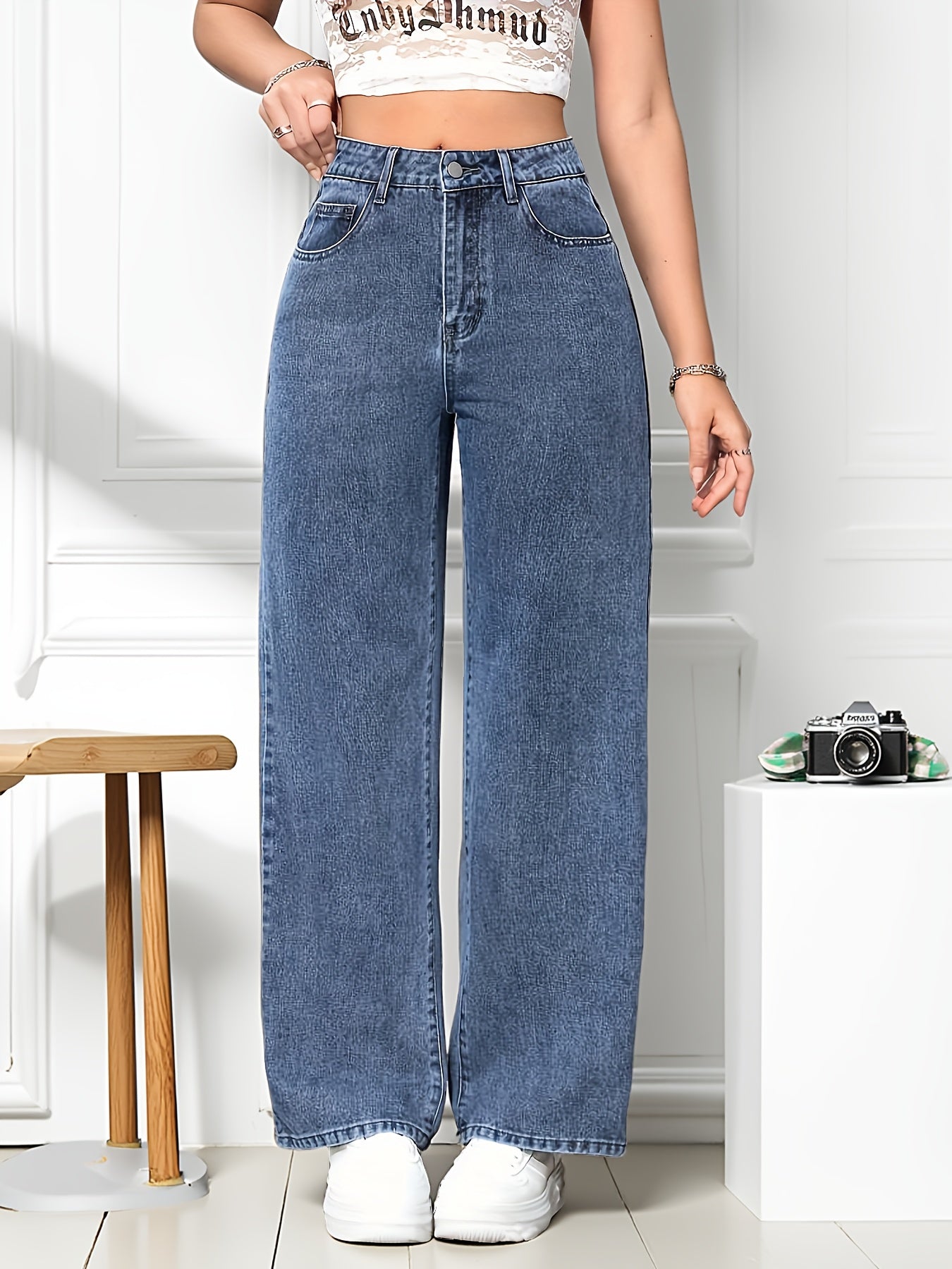 Jeans Femme Bleu Foncé Effet Snowflake Jambe Droite Large Non Extensible Zippé Toute Saison Décontracté et Formel