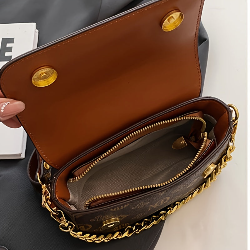 Sac bandoulière femme marron café – chaîne dorée, fermeture à boucle réglable, petit sac carré pour trajets, usage décontracté ou professionnel, accessoire élégant et pratique