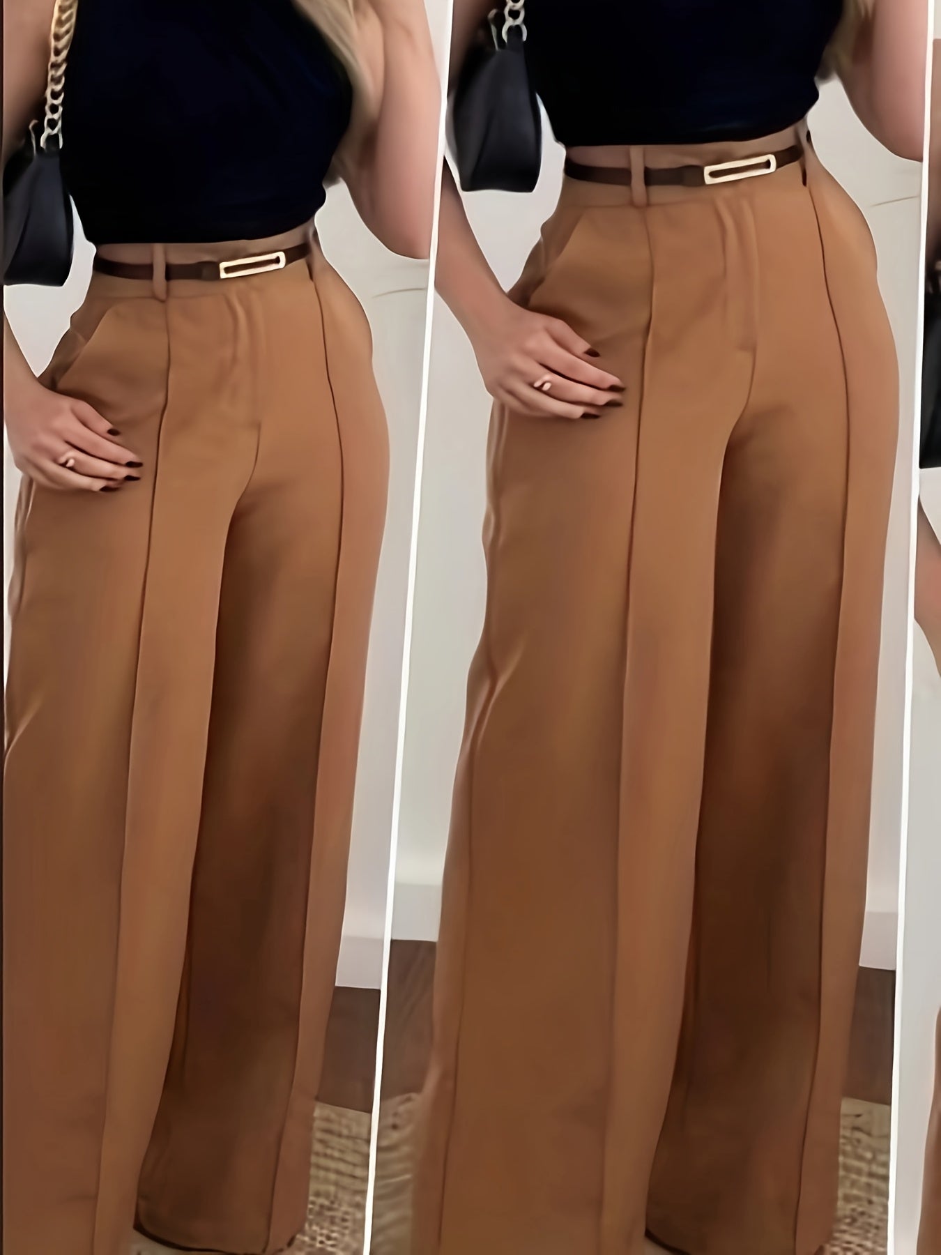 Pantalon Femme Élégant Taille Haute – Jambe Droite, Fermeture Zippée, Sans Ceinture, Couleurs Neutres (Marron/Beige/Noir/Gris), Bureau et Décontracté, Tous Saisons