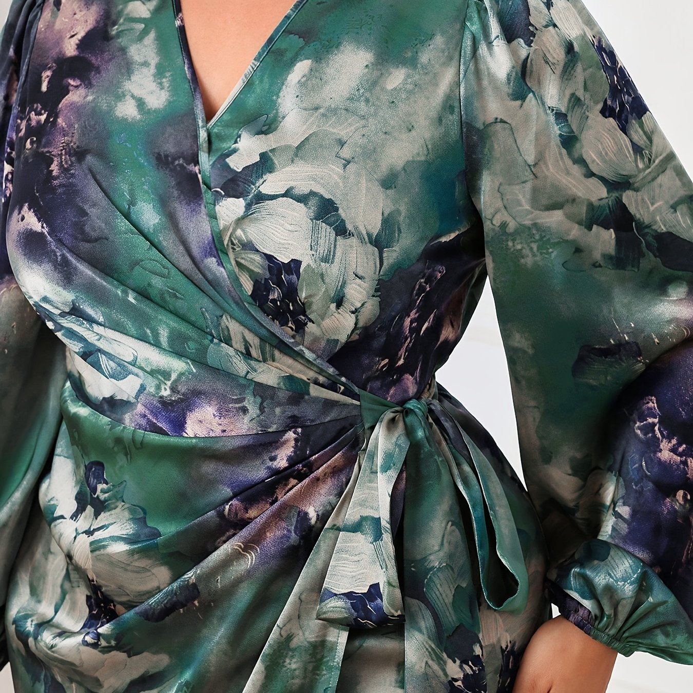 Robe maxi grande taille femme – imprimé floral élégant, manches lanterne, col croisé, taille ajustable, manches longues, coupe bodycon, lavable en machine, tenue toutes saisons