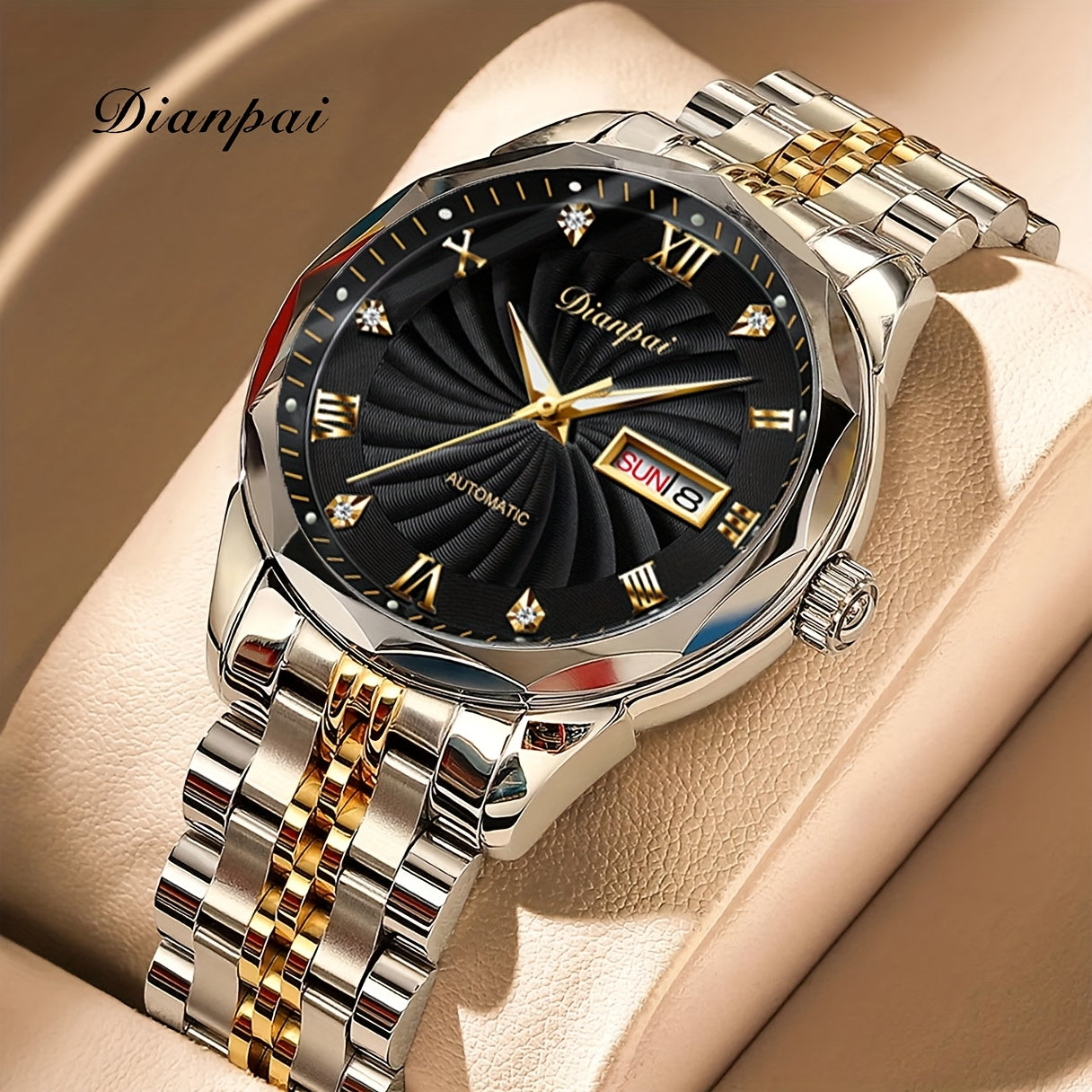 Men'S Business Automatic Mechanical Watch with Stainless Steel Strap, Week Calendar Display & Night Light - Self-Winding Mechanical Movement, Without Battery