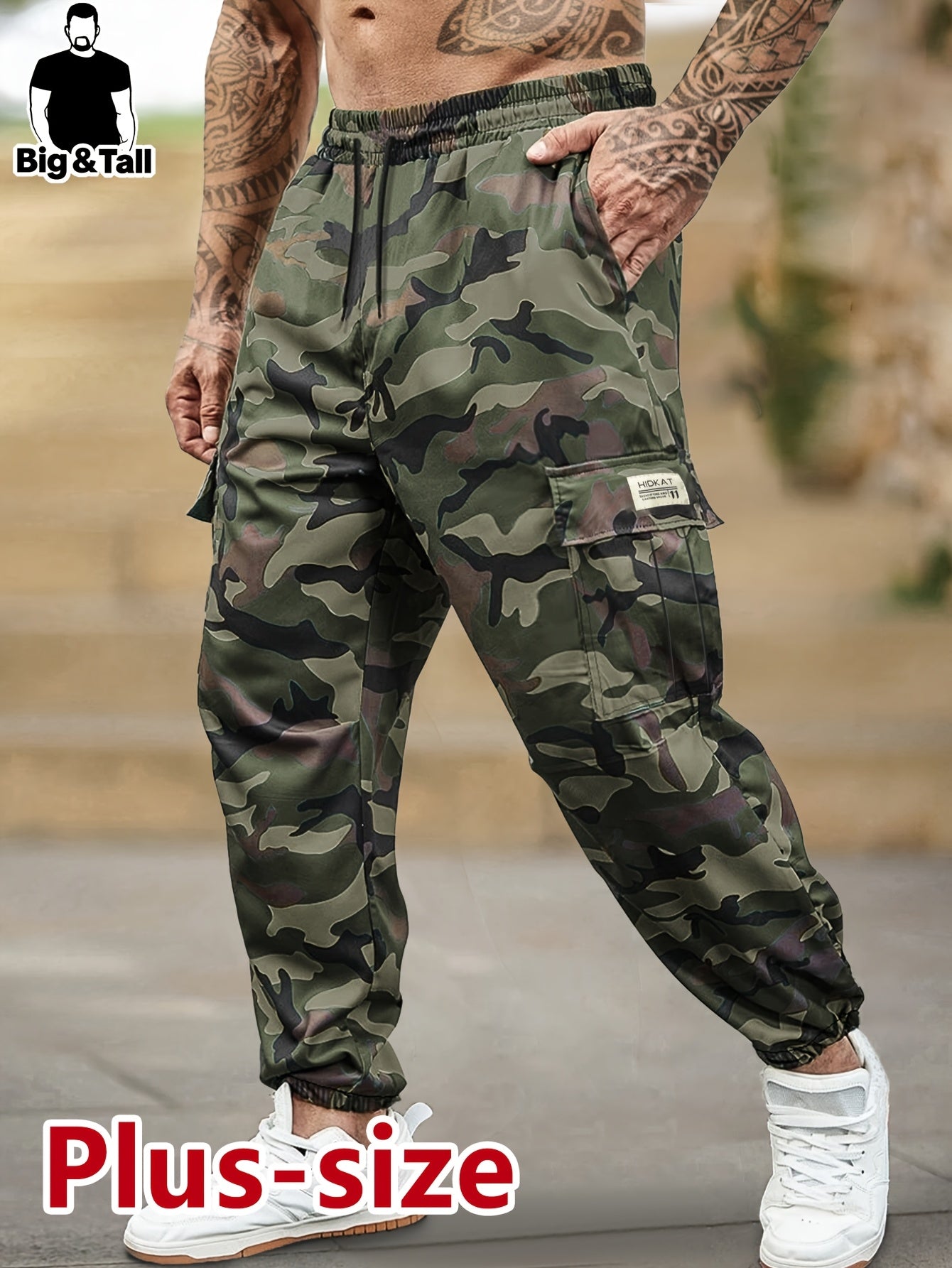 Pantalon camouflage grande taille  pour homme – poches à rabat, taille à cordon, cargo outdoor respirant, idéal chasse et tenue décontractée, printemps/automne, coupe régulière