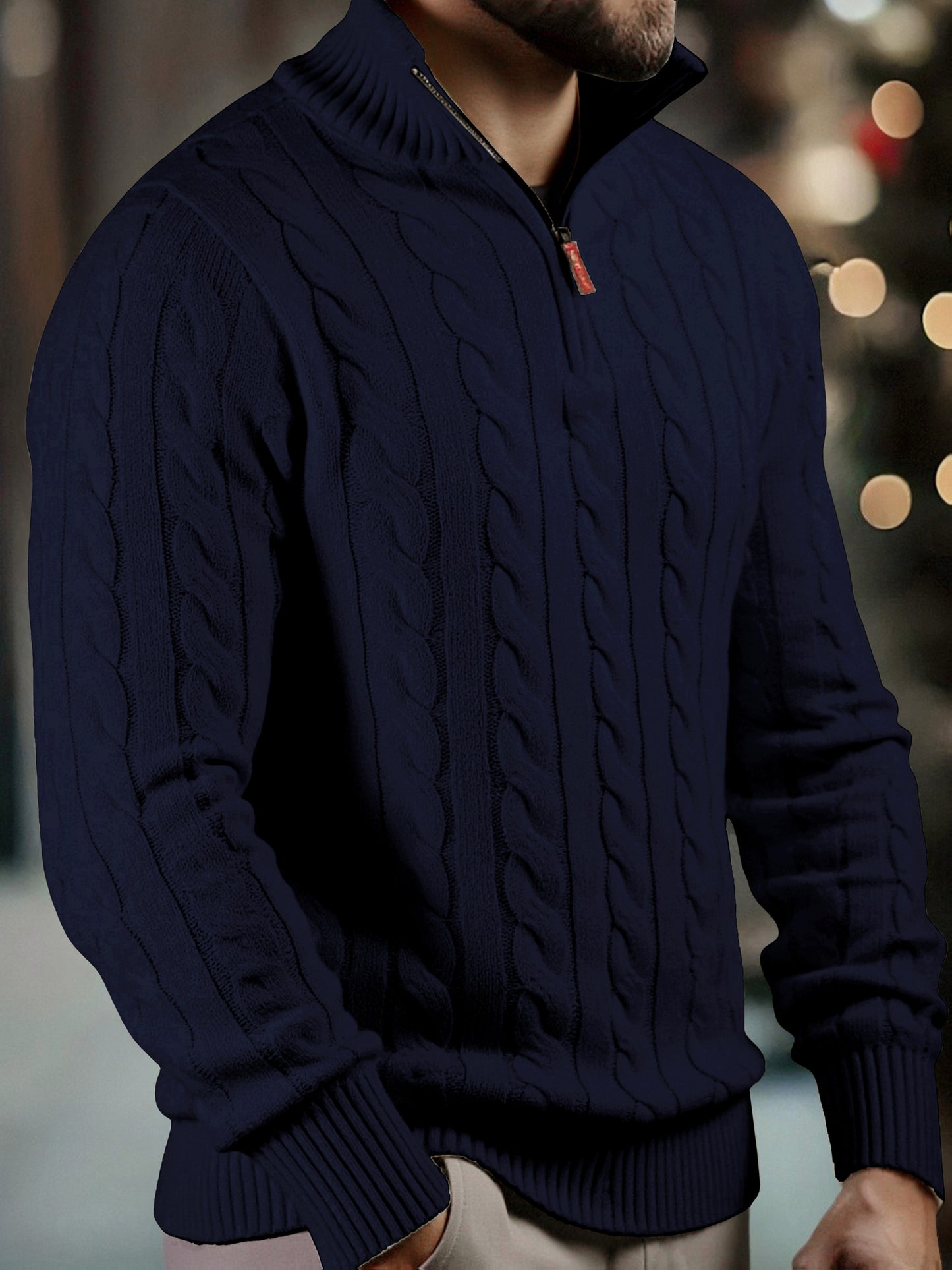 Men's Solid Color Zippered -Knit Sweater - Winter Warm High Neck Pullover, Soft Stretch Knitwear Suitable for Office, Date Night & Casual Wear - Ideal Gift for Fall/Winter