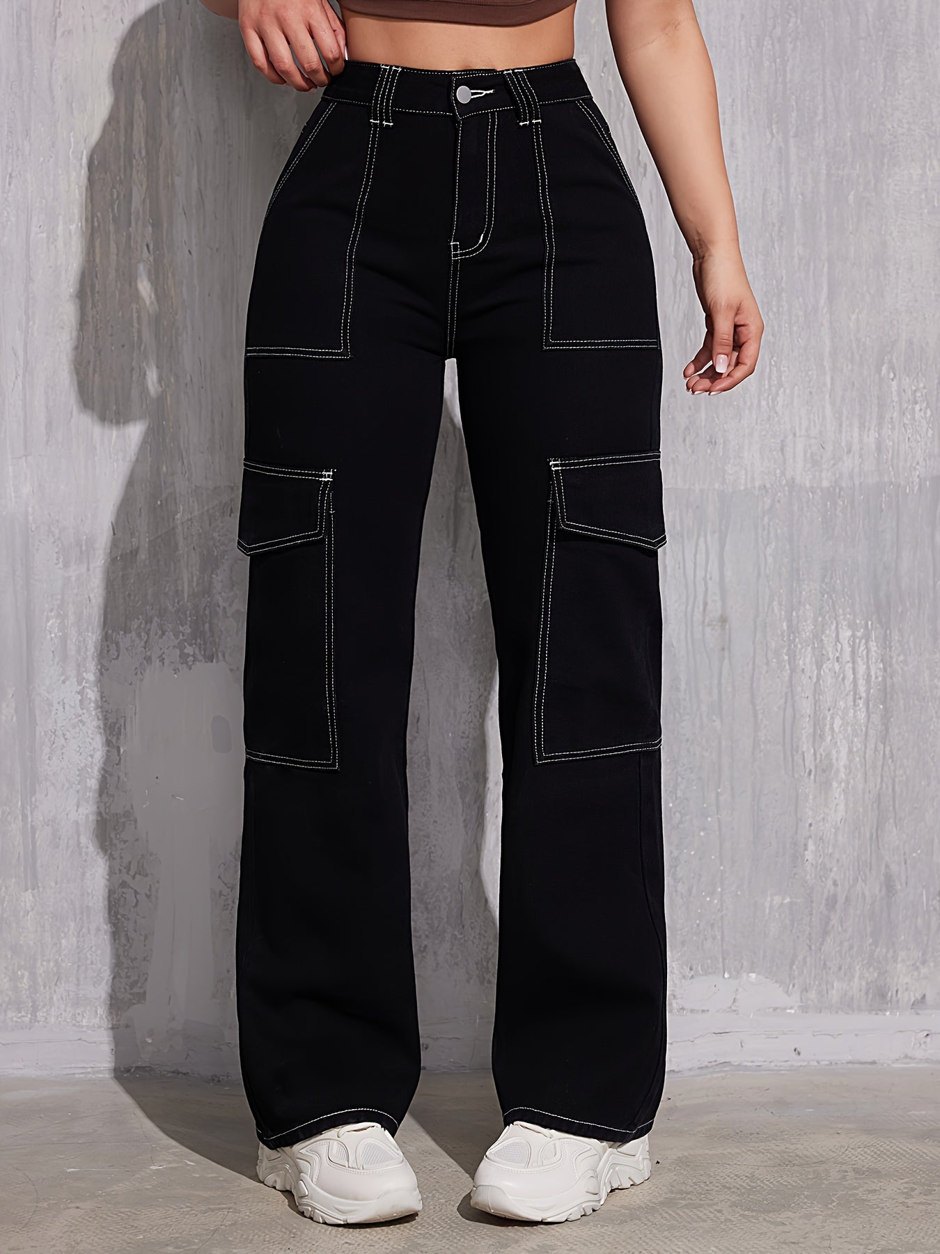 Pantalon droit élégant - Pantalon long à boutons sur le devant, couleur unie, coupe ample