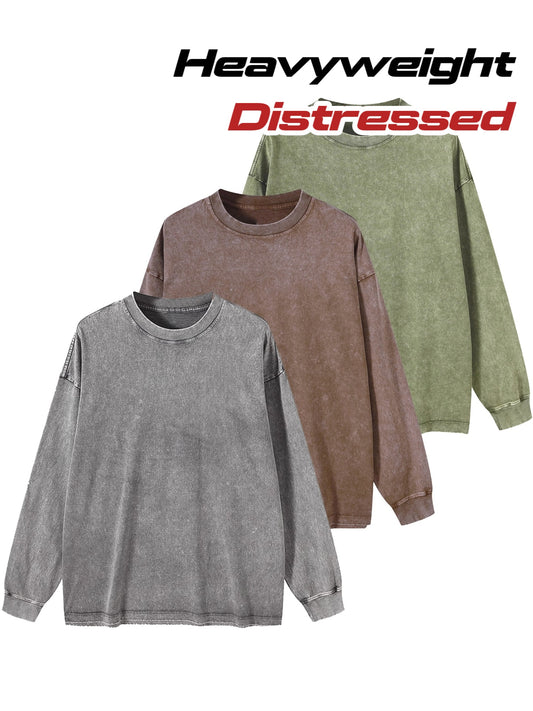 Lot de 3 t-shirts unisexes printemps/automne/hiver – manches longues, col rond côtelé, 240 g, coton pur lourd, style vintage usé délavé, tendance pour couples, nouveau