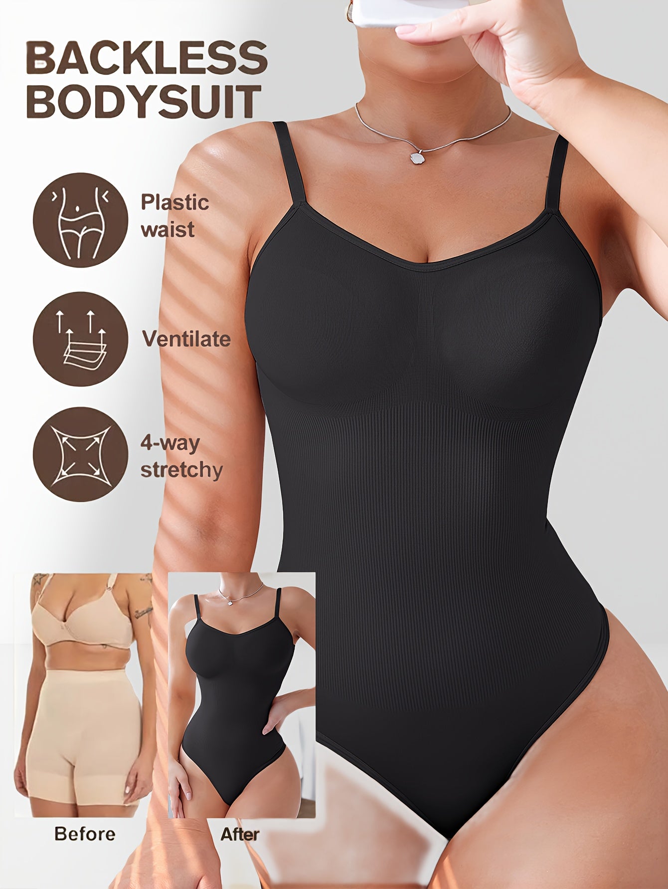 Body femme élégant couleur unie, dos nu, maintien élevé avec contrôle du ventre et effet amincissant, mélange nylon-élasthanne, parfait pour tenue décontractée