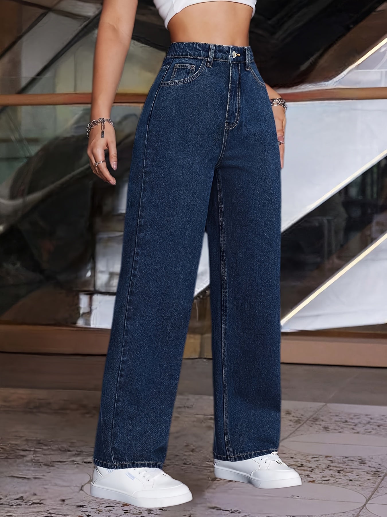 Pantalon Femme Bleu Foncé Jambe Large Extensible Toute Saison