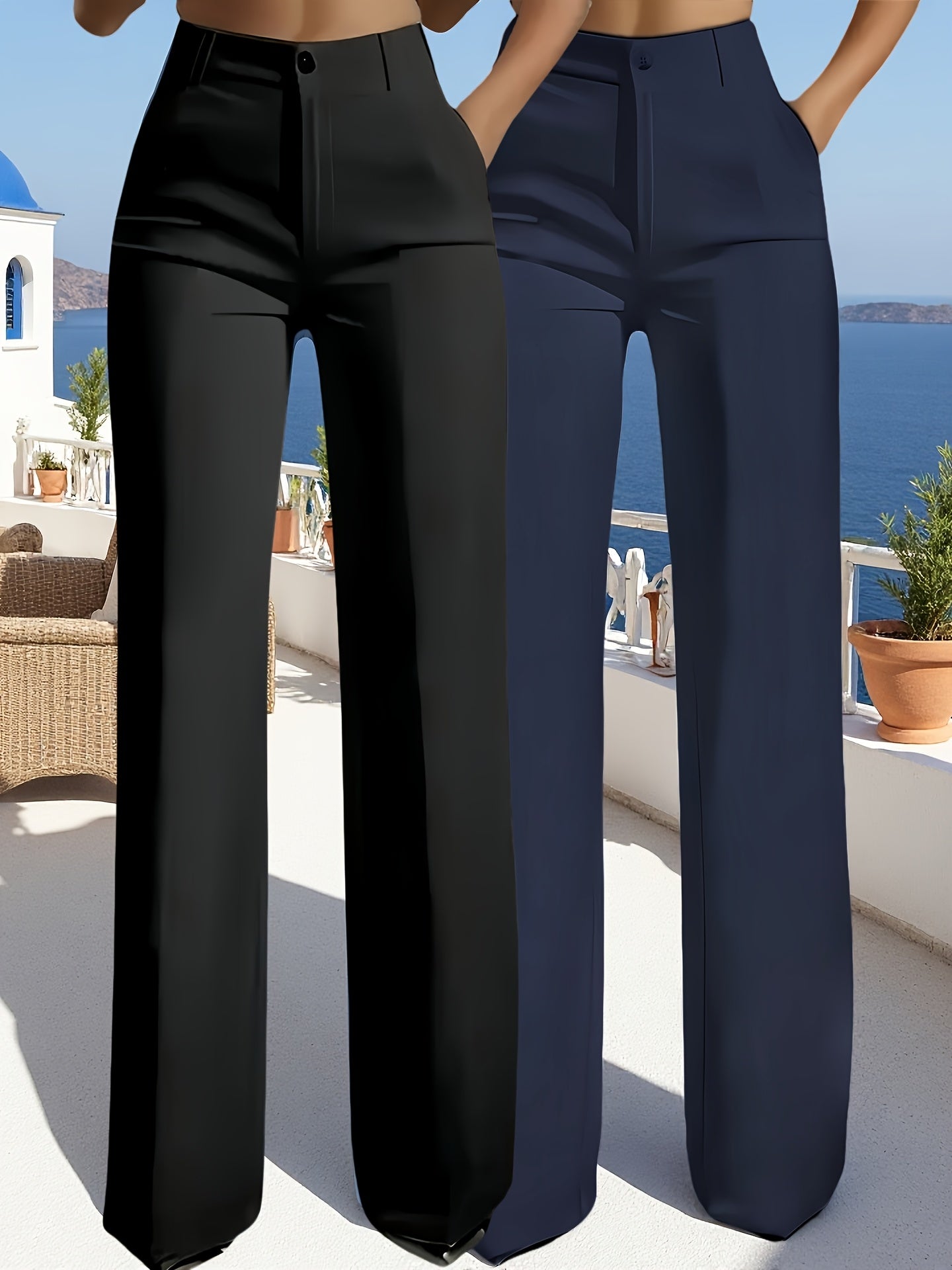 Pantalon Femme Élégant Taille Haute – Jambe Droite, Fermeture Zippée Avant et Taille Élastique Arrière, Couleur Unie, Tous Saisons, Bureau et Décontracté