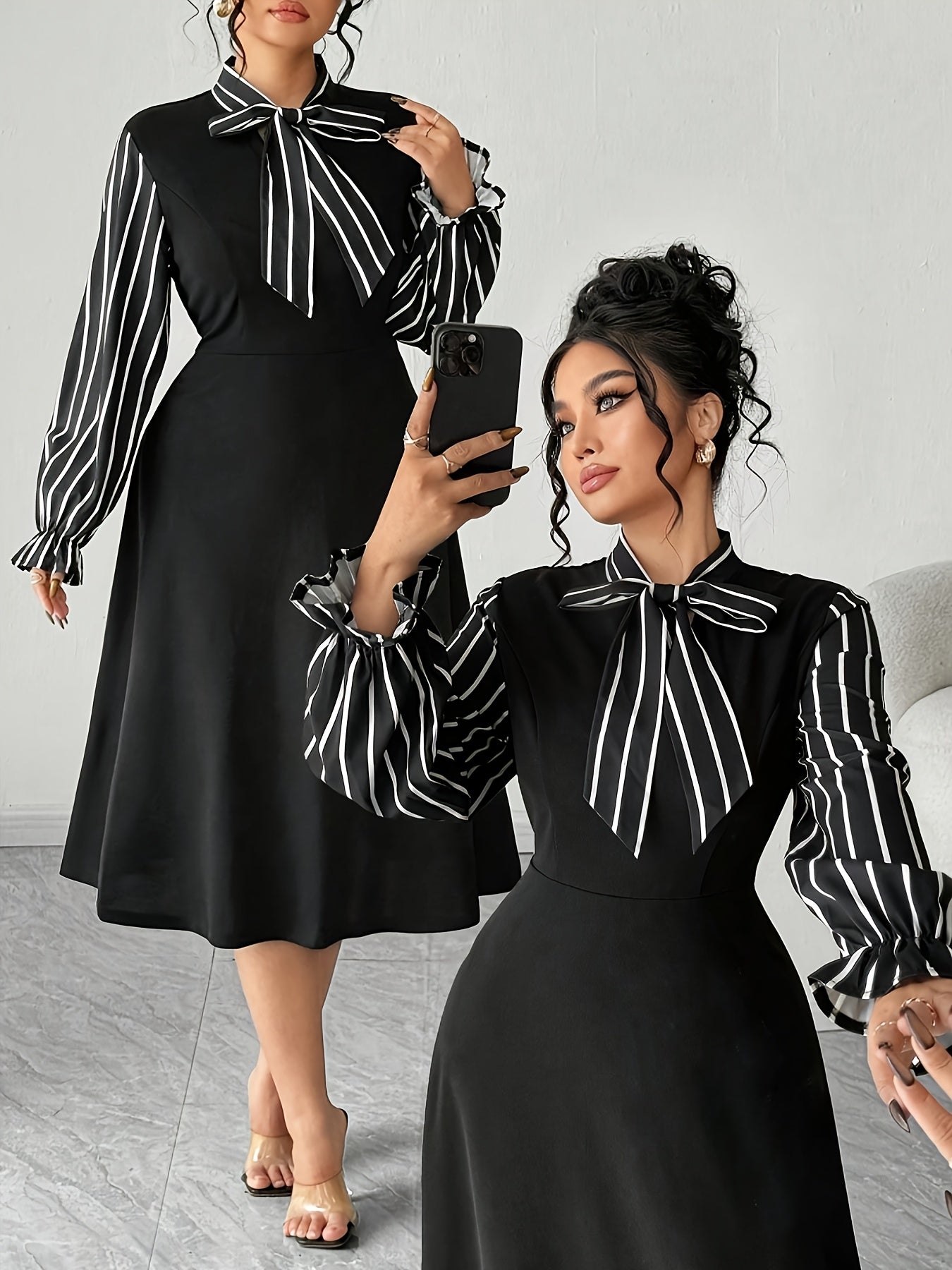 Plus Size - Plus Size Women'S Long Sleeve Striped Dress | Fashionable Waist-Cinched Black A-Line Peplum Dress with Collared Neck and Lace-Up Details for Fall/Winter