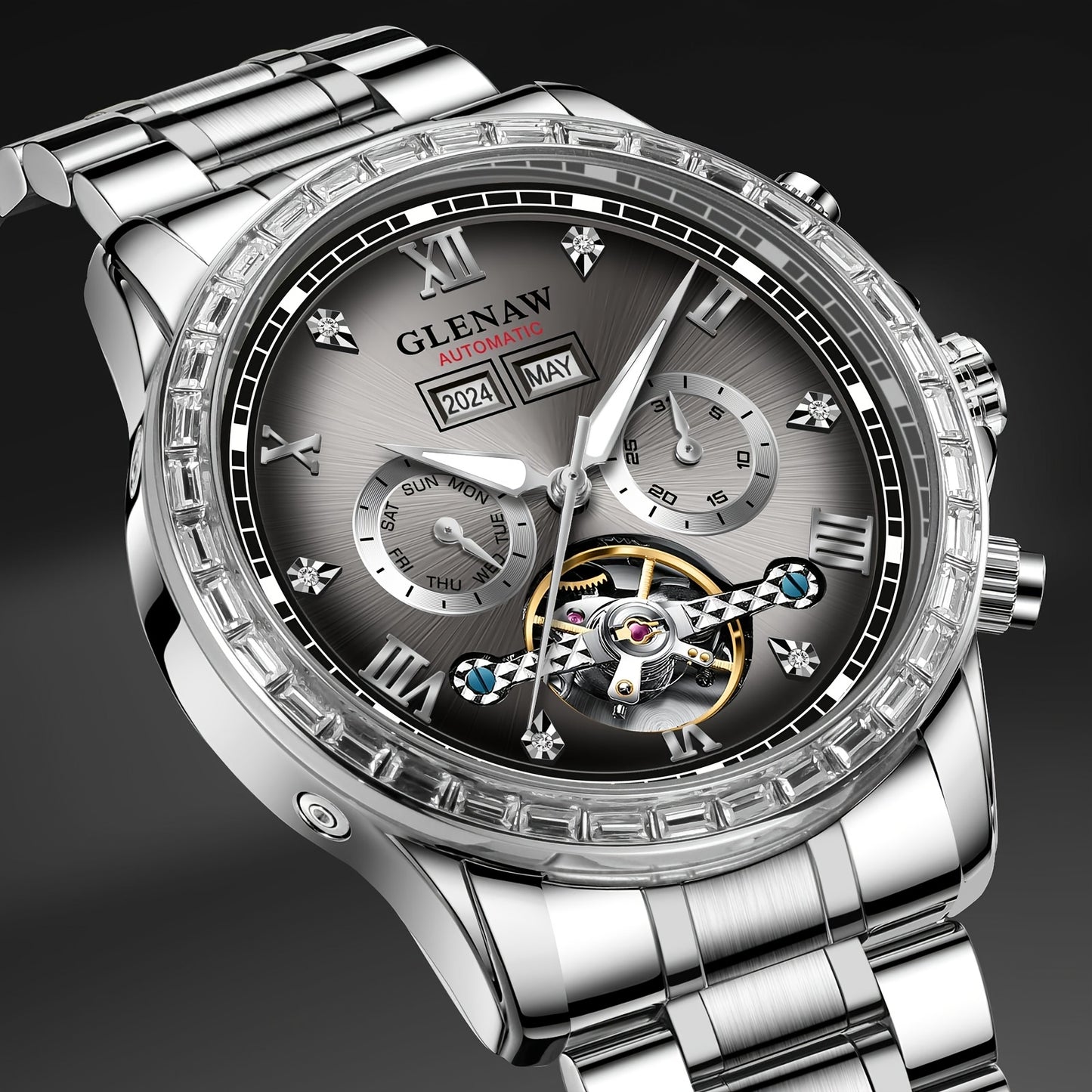 Men's Automatic Mechanical Watch, Rhinestone Case, Multi-function Perpetual Calendar Dial, Stainless Steel Strap, Year, Month, Day and Week Display, Automatic Mechanical Watch For Men, Mechanical Watches For Men High Quality,