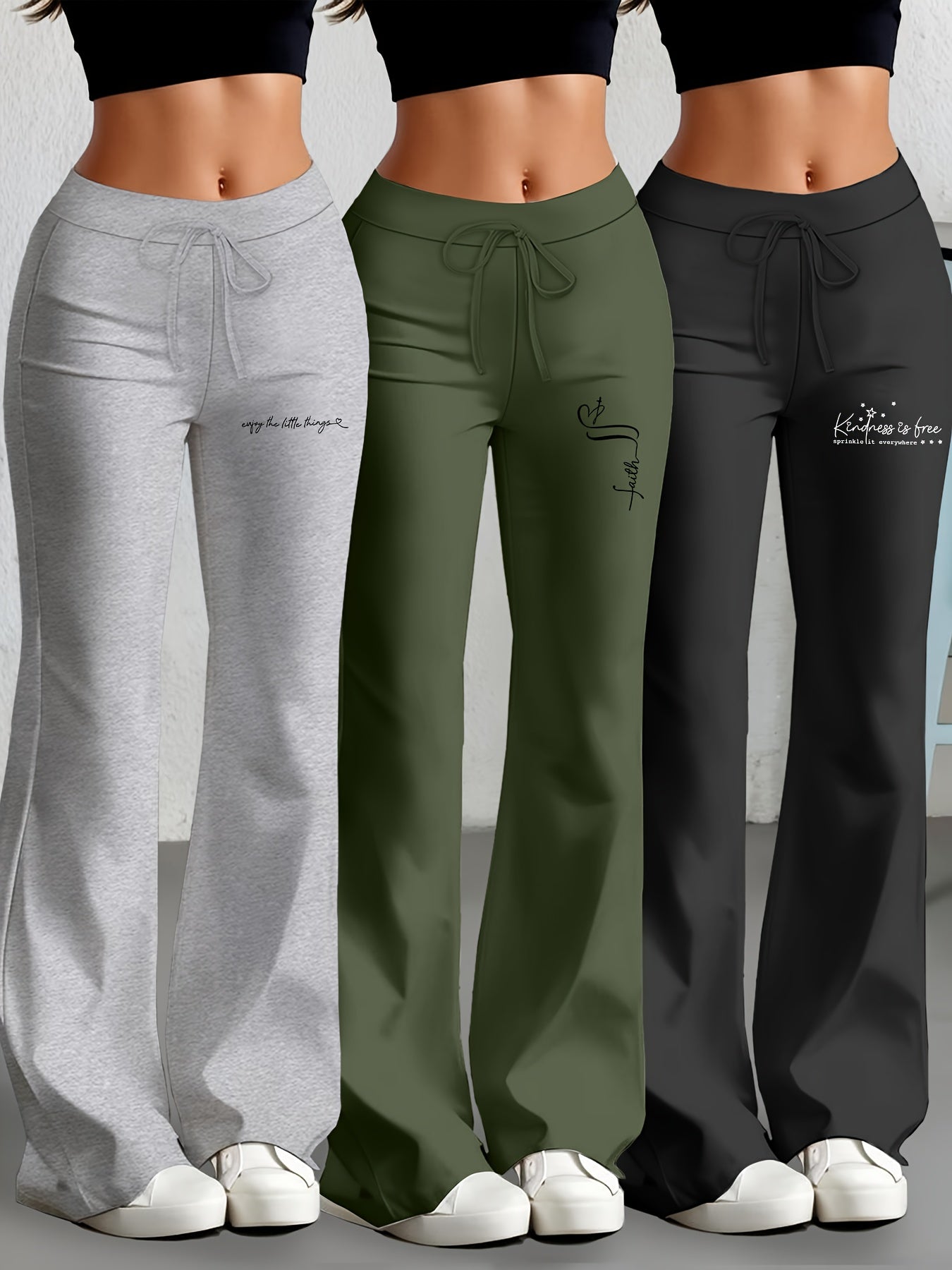 Lot de 3 Pantalons Femme Européens et Américains – Jambe Droite Évasée avec Texte Anglais Classique