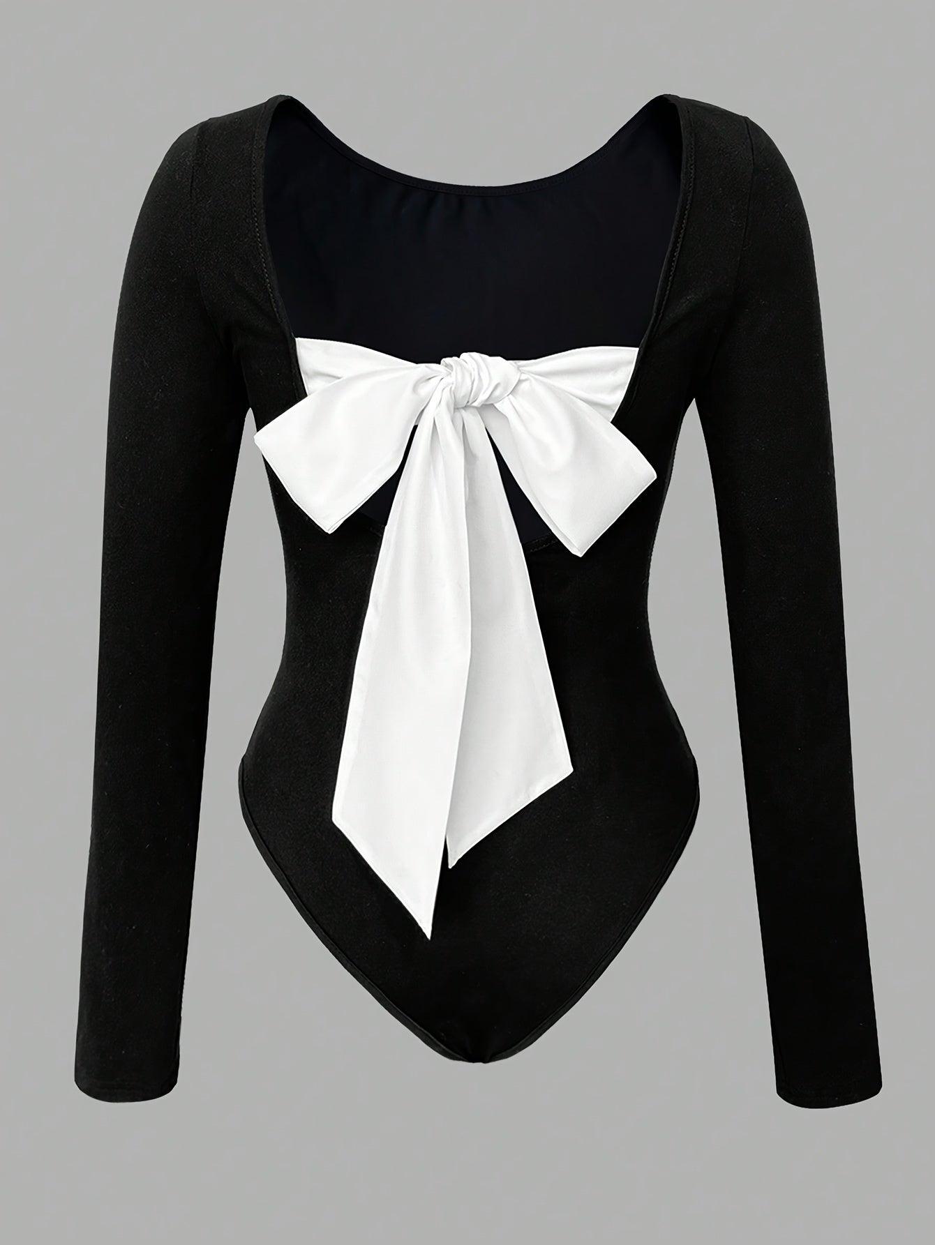 Body slim femme à manches longues, col rond, couleur unie, détail nœud au dos, style décontracté pour l’hiver, tissu extensible, lavable en machine, texture lisse