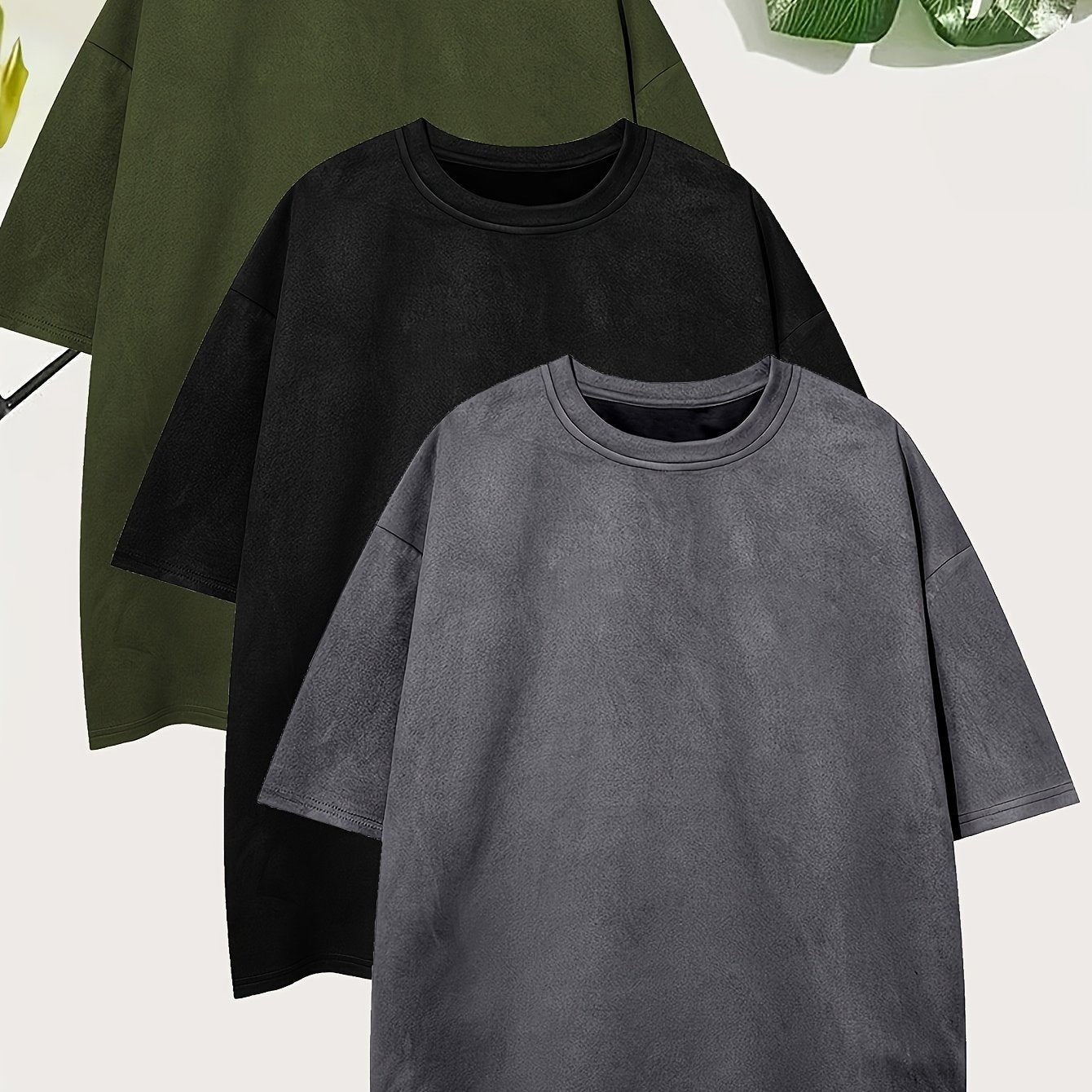 Pearson OBM Men'S Casual Loose Solid Color Faux Suede T-Shirt Set of 3, Short-Sleeve Round Neck Comfortable Tops.