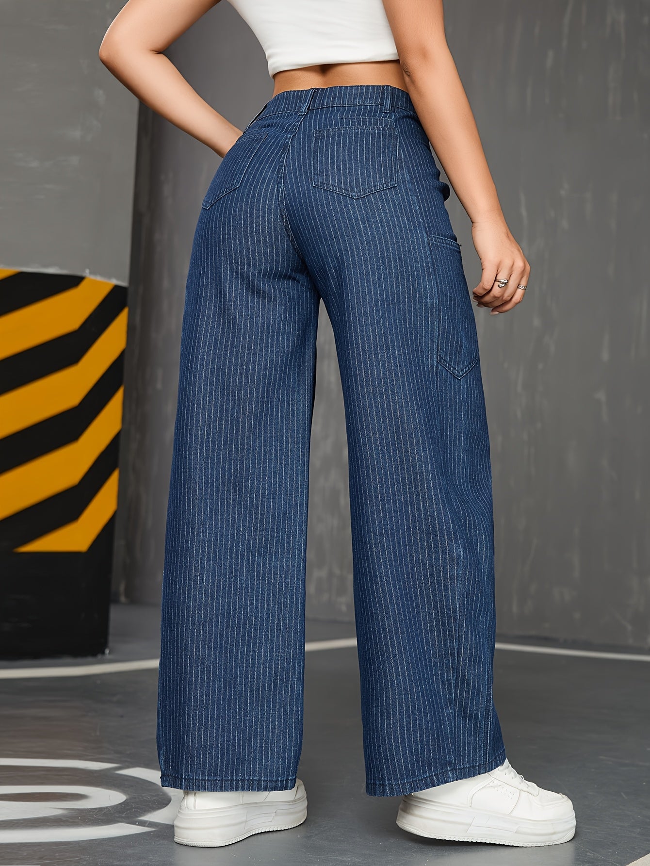 Jeans femmes taille haute, jambe large, coupe droite détendue, fermeture éclair, ceinture non incluse, denim non extensible, pantalon rayé vertical anti-froissement pour tenue casual et formelle