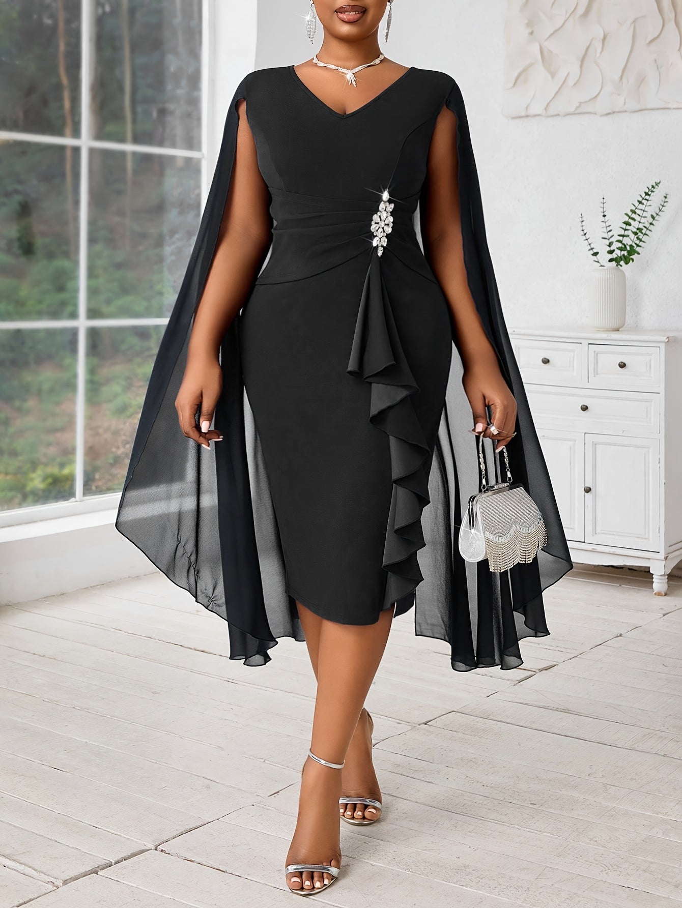 Robe Grande Taille Élégante – Manches Chauve-Souris, Détails en Mesh, Style Cache-Cœur, Mode et Confort
