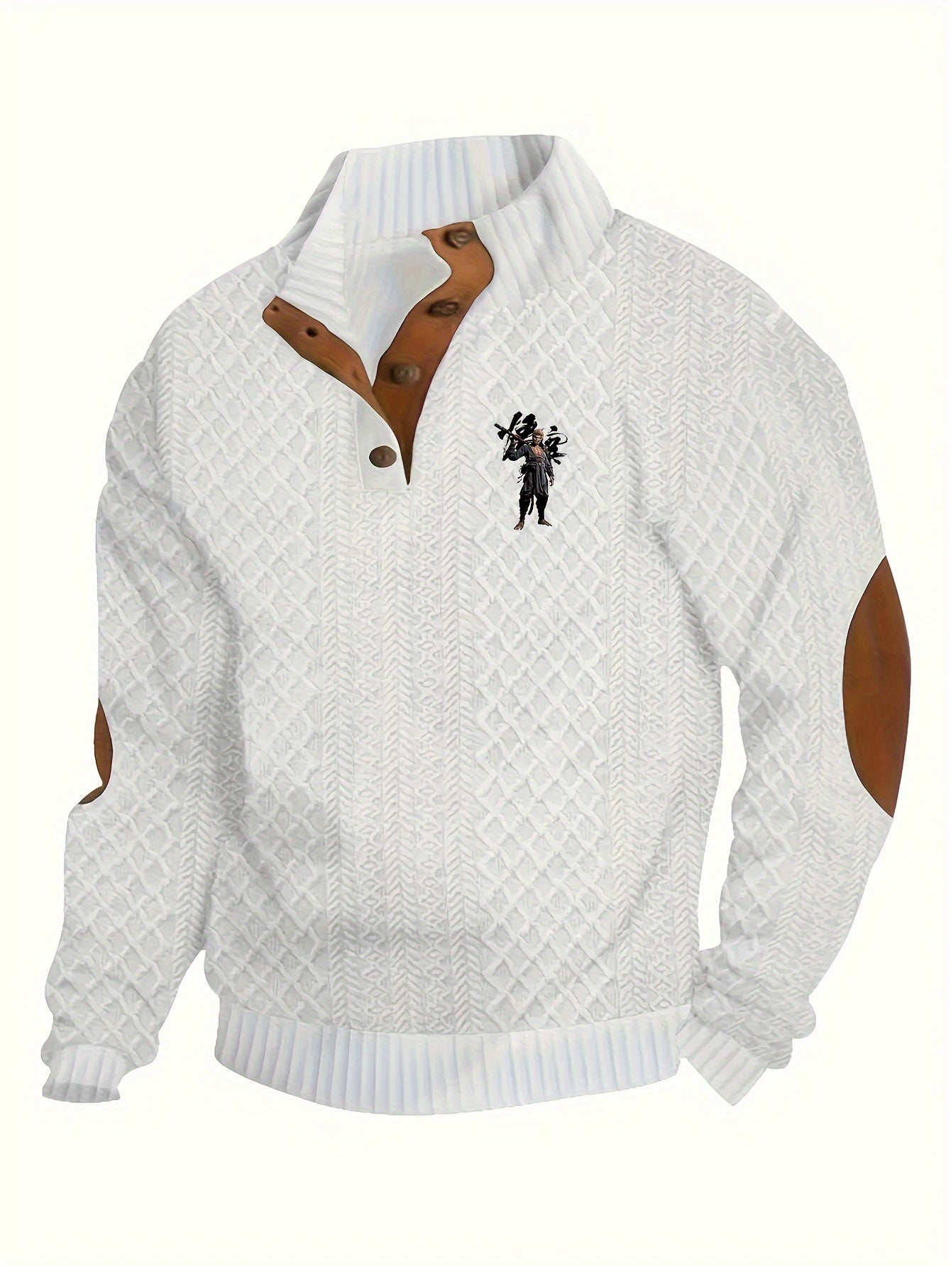 Men's Thermal Fleece-Lined Winter Sweater - Stand Collar Long Sleeve Cable-Knit Pullover with Button Detail, Solid Color Casual Outdoor Wear, Machine Washable, Knit Sweater, Stylish Knitwear, Jacquard Pattern