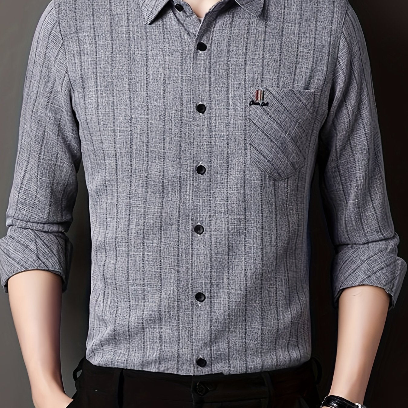 Men'S Striped Shirt with a Chest Pocket, Casual Long-Sleeve Shirt with a Collar.