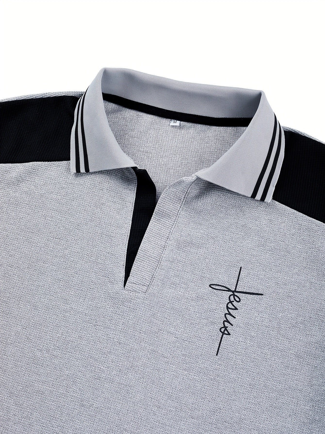 Men'S Waffle Knit V-Neck Long Sleeve Polo Shirt with Contrast Trim, Letter Print, and Chest Emblem - Casual Fall Outdoor Wear, Regular Fit, Pullover Style, Casual Wear|Vneck Shirt|Waffle Knit Texture