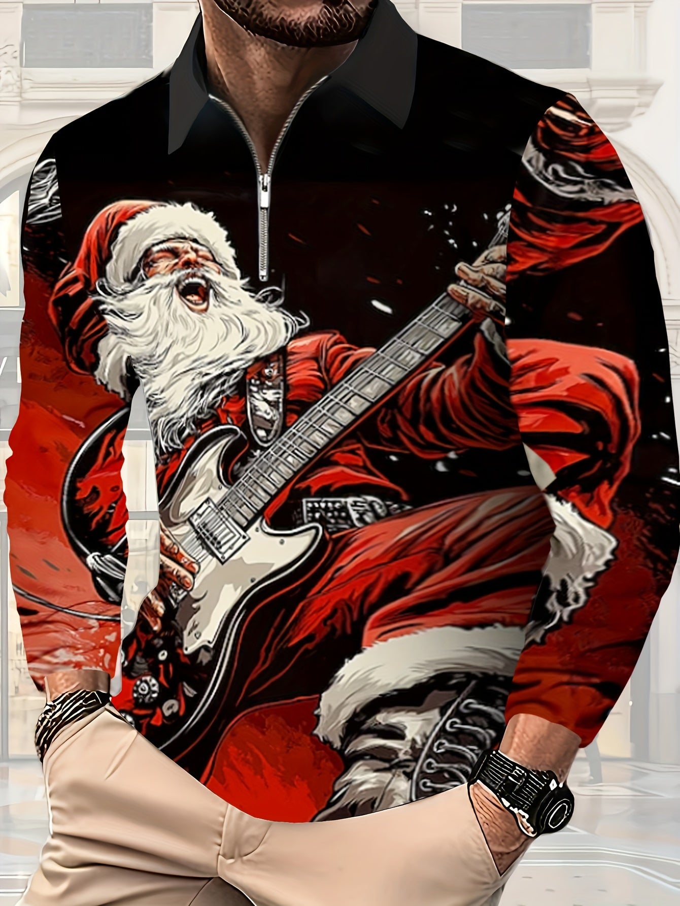 Men's Christmas Santa Rockstar Guitar Print Long Sleeve Knit Shirt - Black & Red Festive Holiday Party Wear, Machine Washable Polyester with Metal Chain Accents, Regular Fit for Autumn Winter Casual Gatherings, Christmas Outf