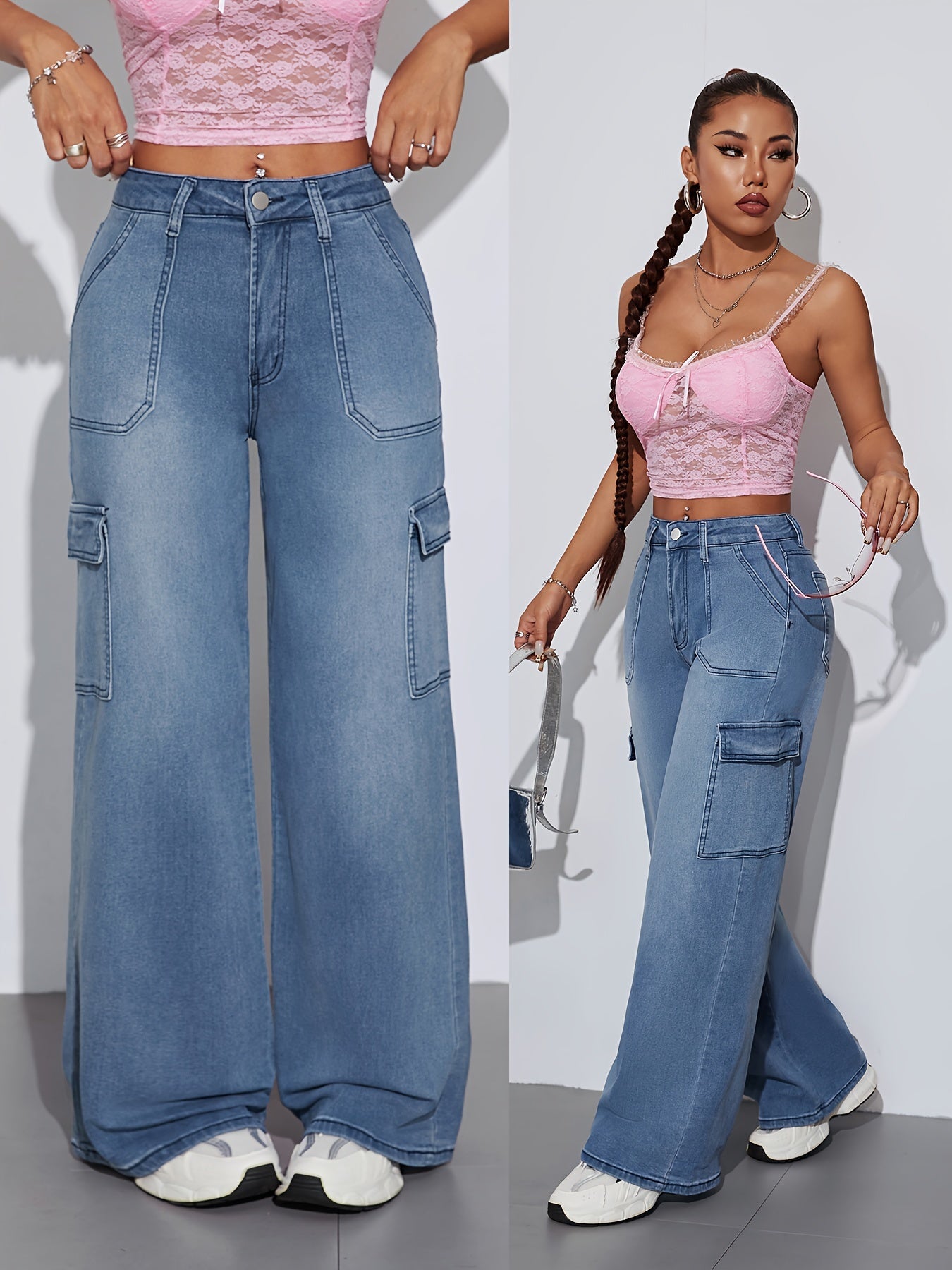 Jeans Cargo Femme Extensible Taille Mi-Haute Couleur Unie Boutons Lavable