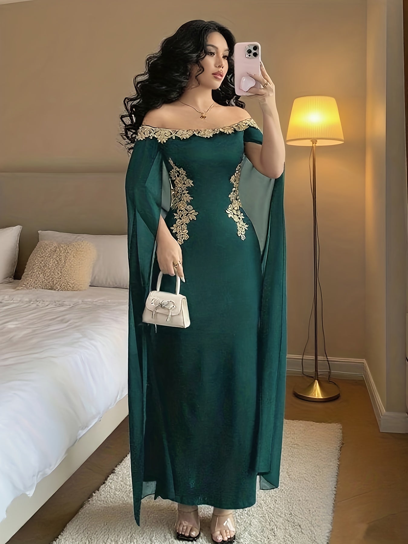 Sexy, Elegant and Versatile Daily Wear Golden Floral Embellished Off-Shoulder Sheer Cape Fitted Waist Golden Appliqué Long Mermaid Hem Bodycon Dress