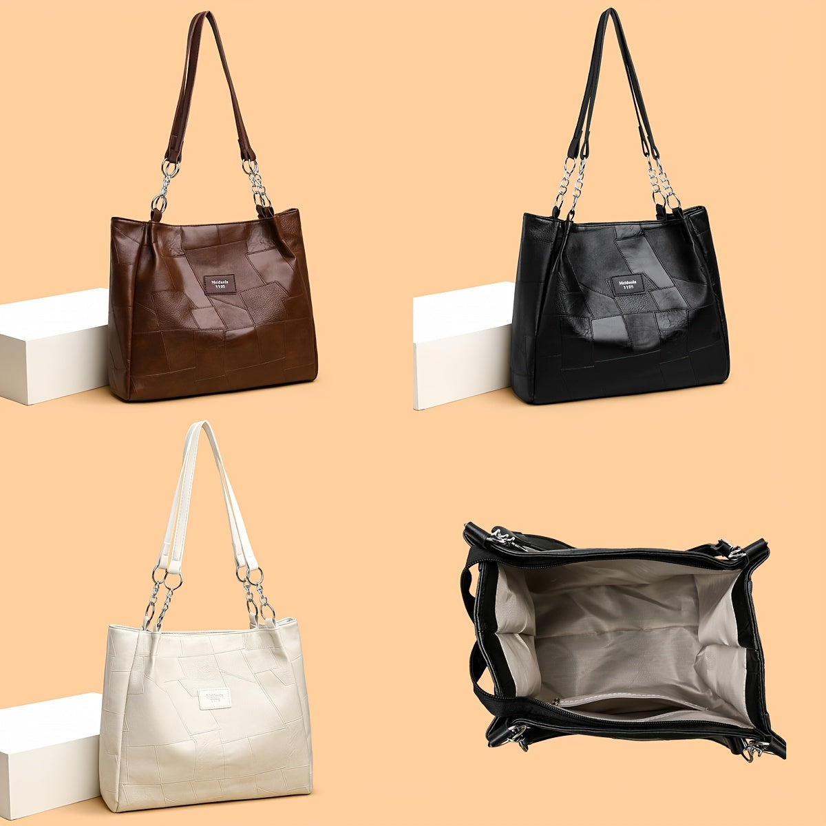 Sac Cabas Femme Élégant – Grande Capacité, Cuir Synthétique Léger, Sac à Main avec Bandoulière Fixe et Fermeture Éclair, Cuir Synthétique à Motif Quadrillé, Idéal pour Travail, Voyage et Déplacements Quotidiens