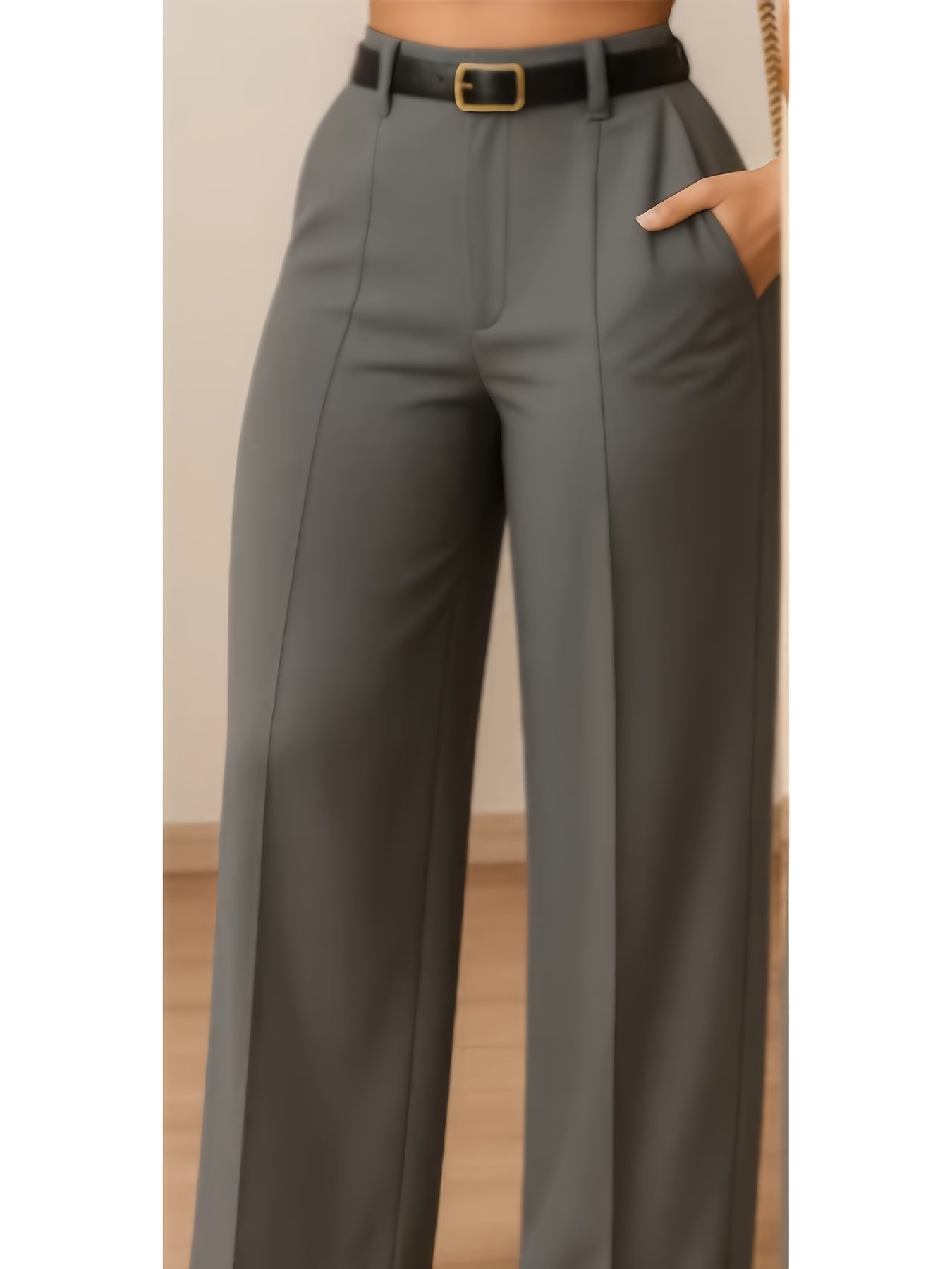 Pantalon Femme Jambe Large Taille Haute – Gris/Noir, Sans Ceinture, Style Bureau et Décontracté