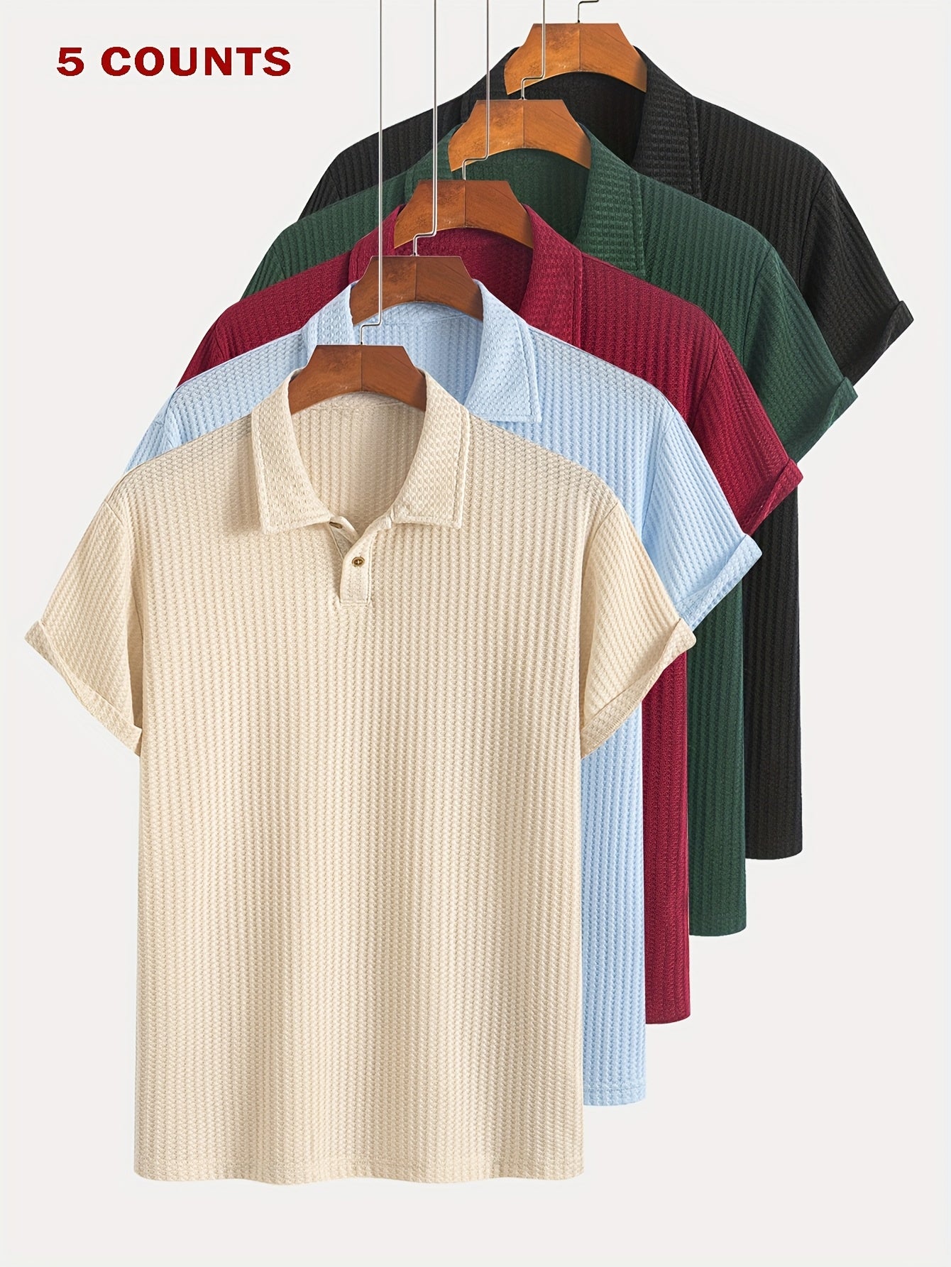 Set of 5 Short-Sleeve Polo Shirts with Jacquard Texture for Summer Casual Sports, Knit