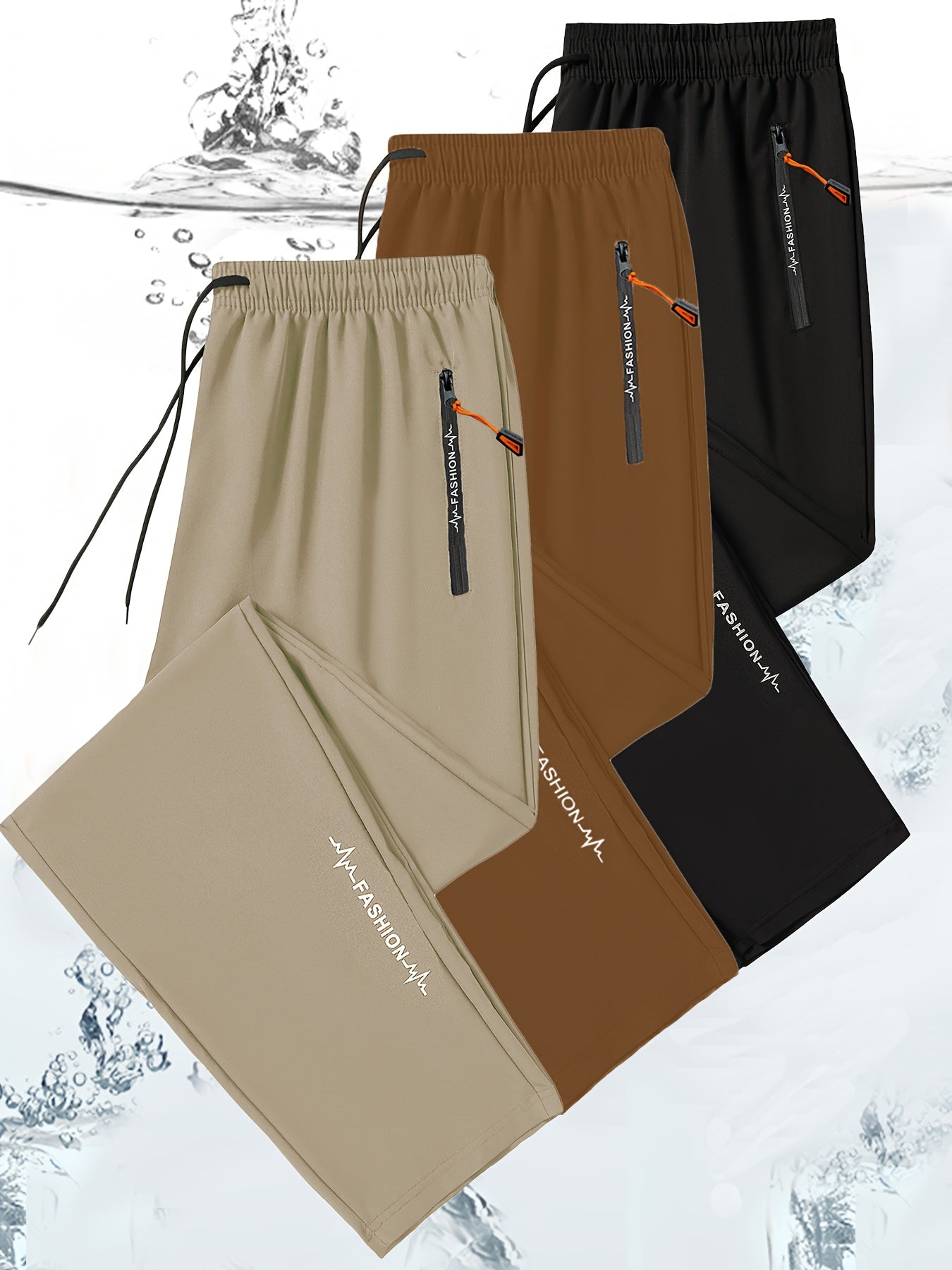 3pcs Pantalons Sport Homme – Tout Saison, Cordon, Poche Zippée, Olive, Gym & Casual