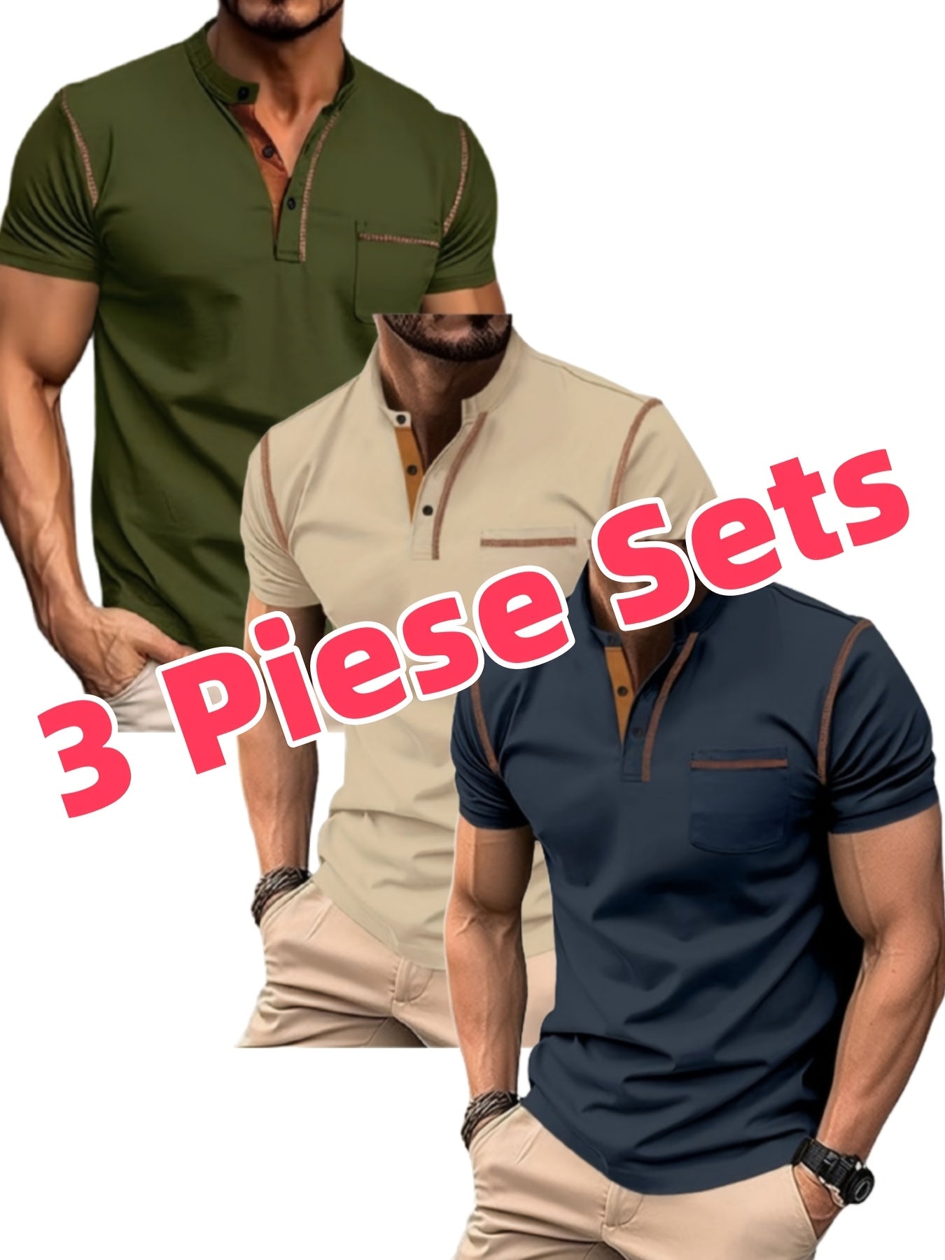 Lot de 3 Henley Manches Courtes – Tops Casual Golf & Tennis