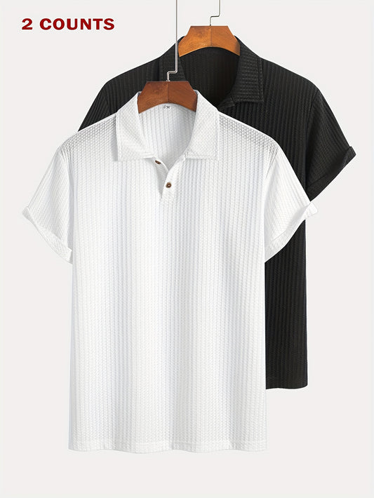 Two Pieces of Summer Casual Sports Jacquard Knit Short-Sleeve Polo Shirts, a Set of Two Jacquard Textured Short-Sleeve Polo Tops.