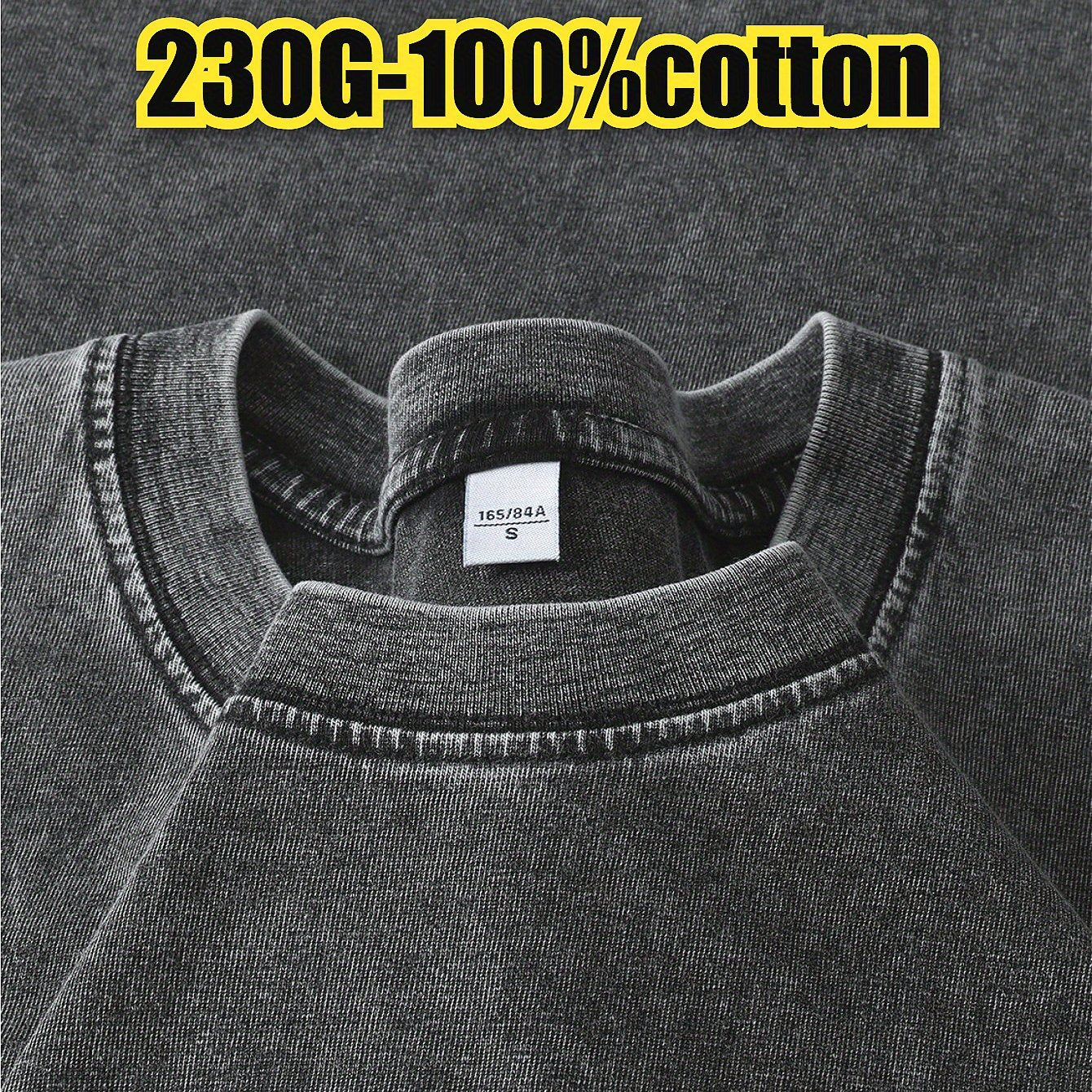 Men'S Vintage Distressed Heavyweight 220gsm T-Shirt - Relaxed Fit Short Sleeve Round Neck Casual Tee with Letter Print, Soft Washed Texture & Raglan Sleeves for Casual Attire, Vintage T Shirts, Leisure Clothing, Retro Style S