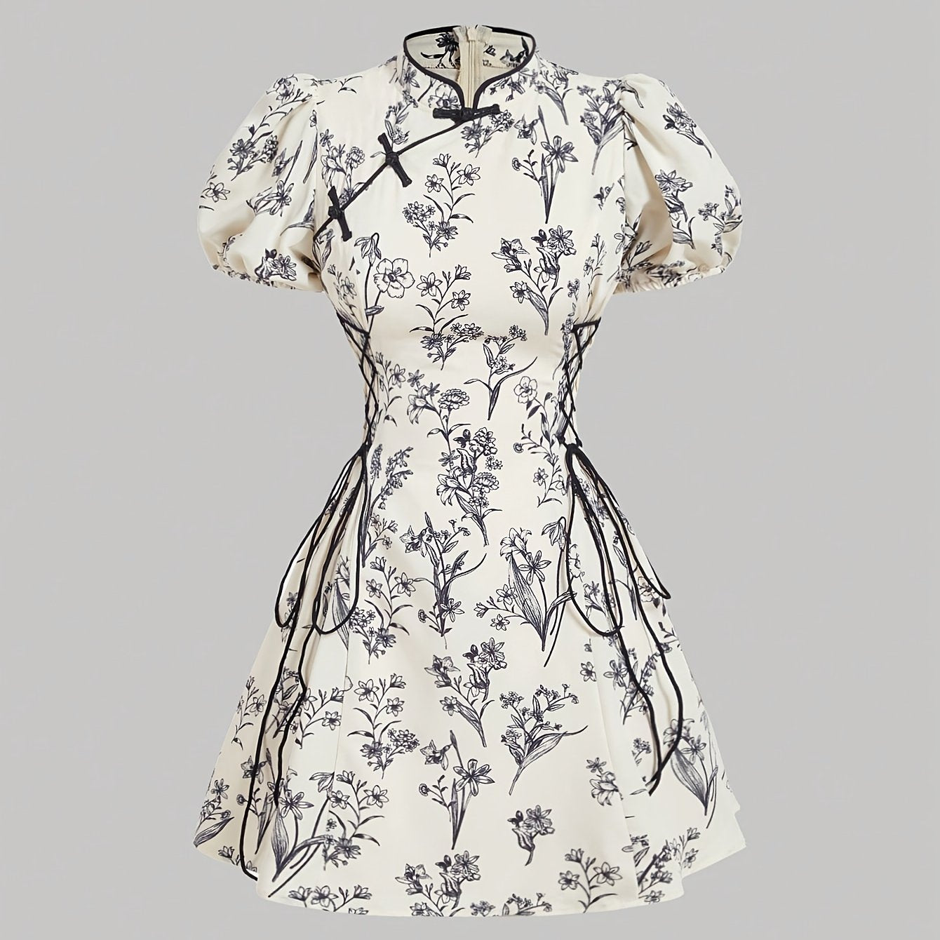 Robe courte chinoise femme – Col montant, manches bouffantes, taille cintrée, motif floral