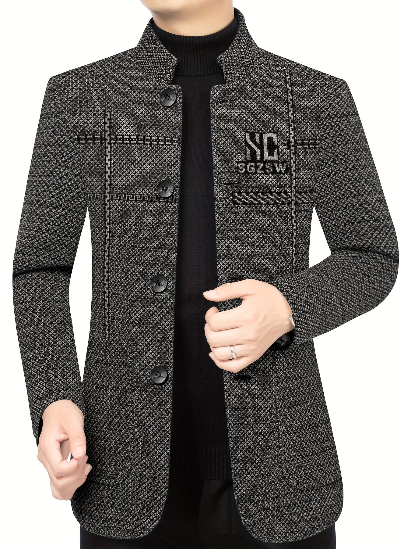 Men'S Stand Collar Business Casual Jacket | Non-Stretch Fabric, Alphabets Pattern, Long Sleeve, Single Breasted, Regular Fit for Spring/Fall