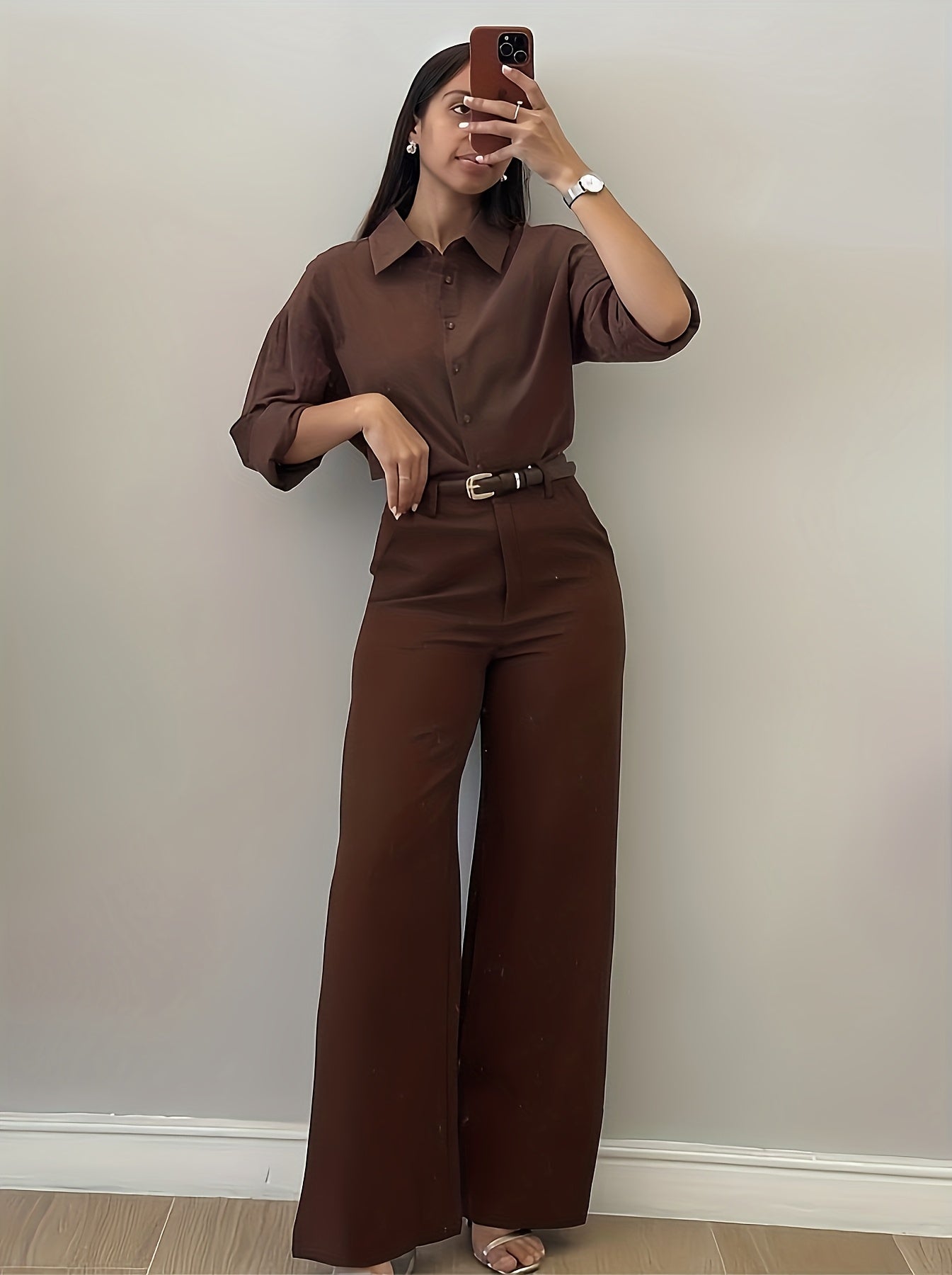 Pantalon Femme Élégant Jambe Large Effilée – Couleur Unie Marron/Noir, Poches, Bureau, Semi-Formel et Soirée, Printemps/Été/Automne