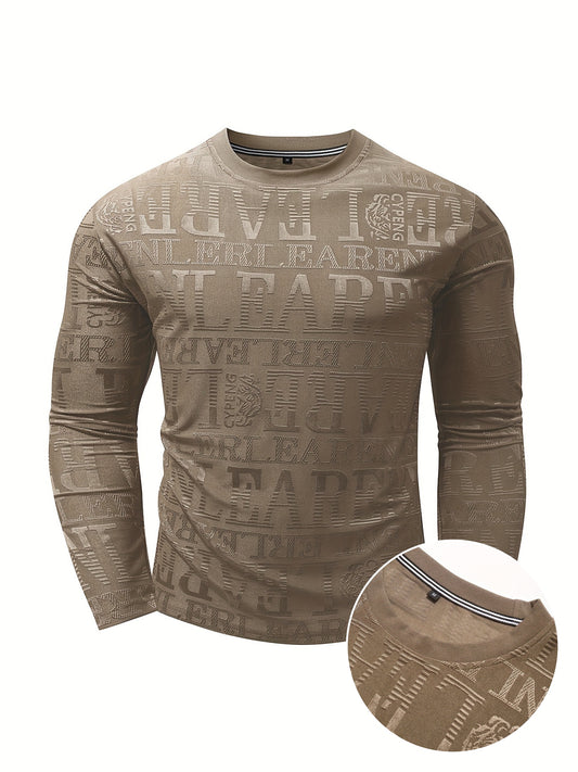 Men's Slim-Fit Casual Long Sleeve T-Shirt with Geometric Letter Design - Breathable Polyester, Machine Washable