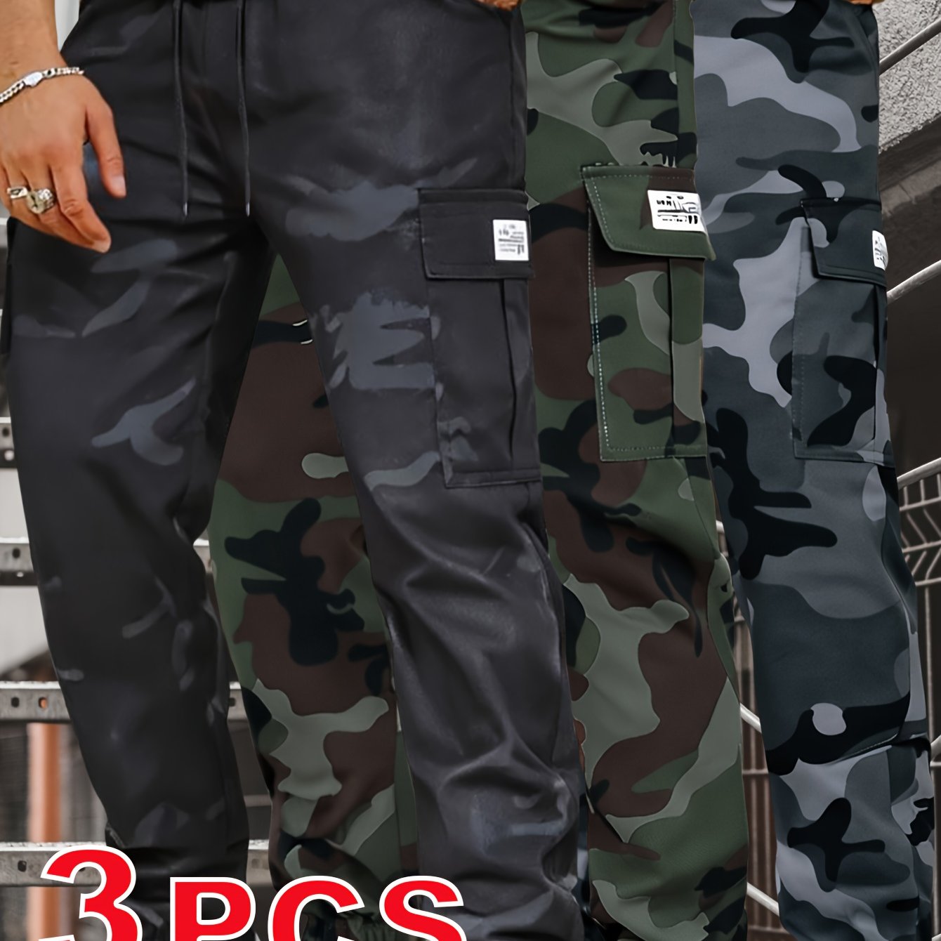 Lot de 3 pantalons de travail homme camouflage – Pantalons cargo tactiques toutes saisons avec poches utilitaires, taille à cordon, tissu non extensible – Idéal extérieur, construction, randonnée, camping – Lavable en machine