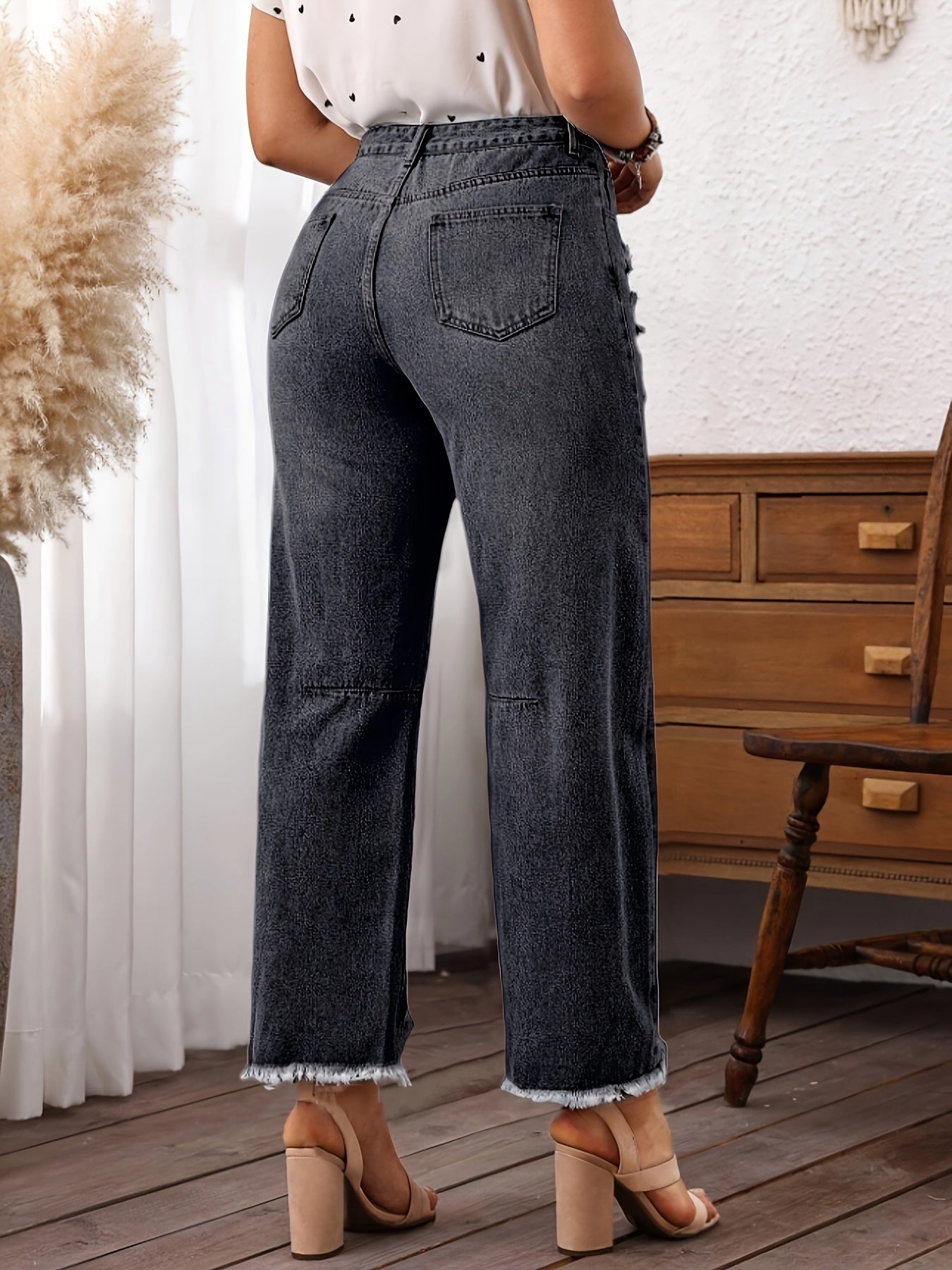 Jean en denim délavé non extensible pour femme - Coupe slim, taille mi-haute, poches obliques, ourlet déchiré avec revers usés et fermeture éclair intégrée, en tissu noir délavé